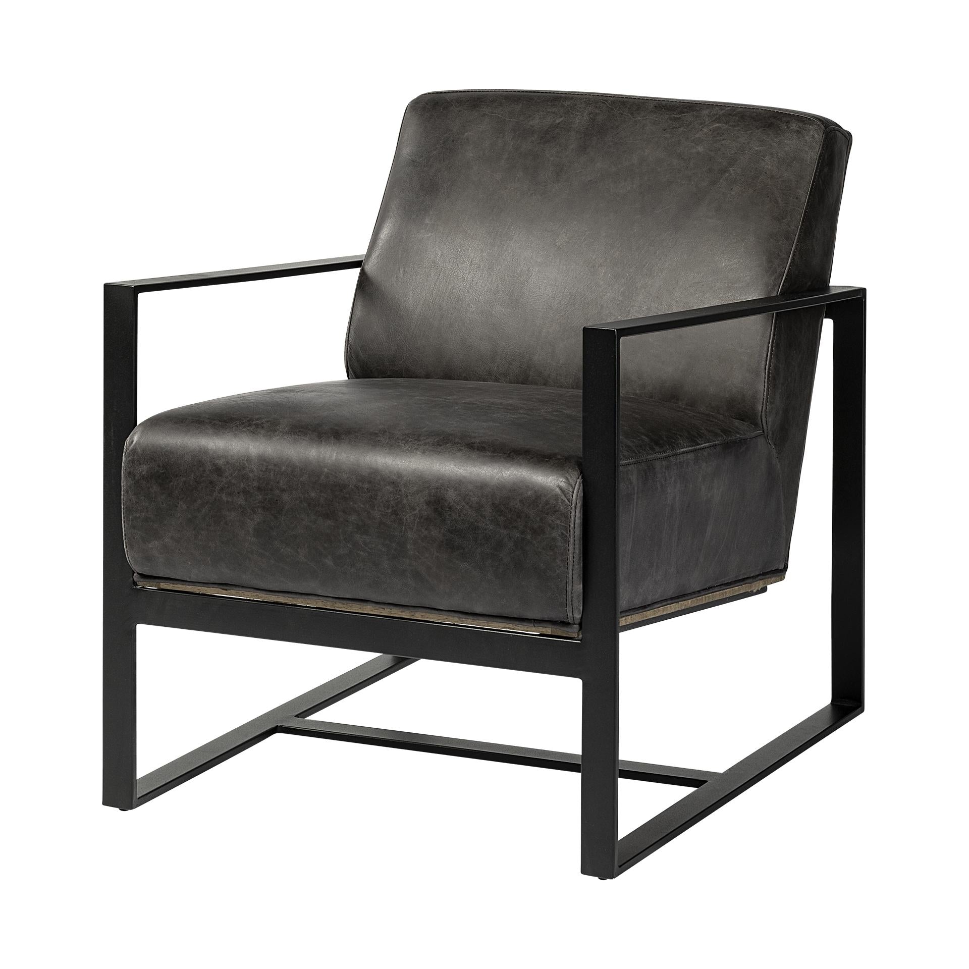 Ebony Genuine Leather Wrapped Accent Chair with Metal Frame