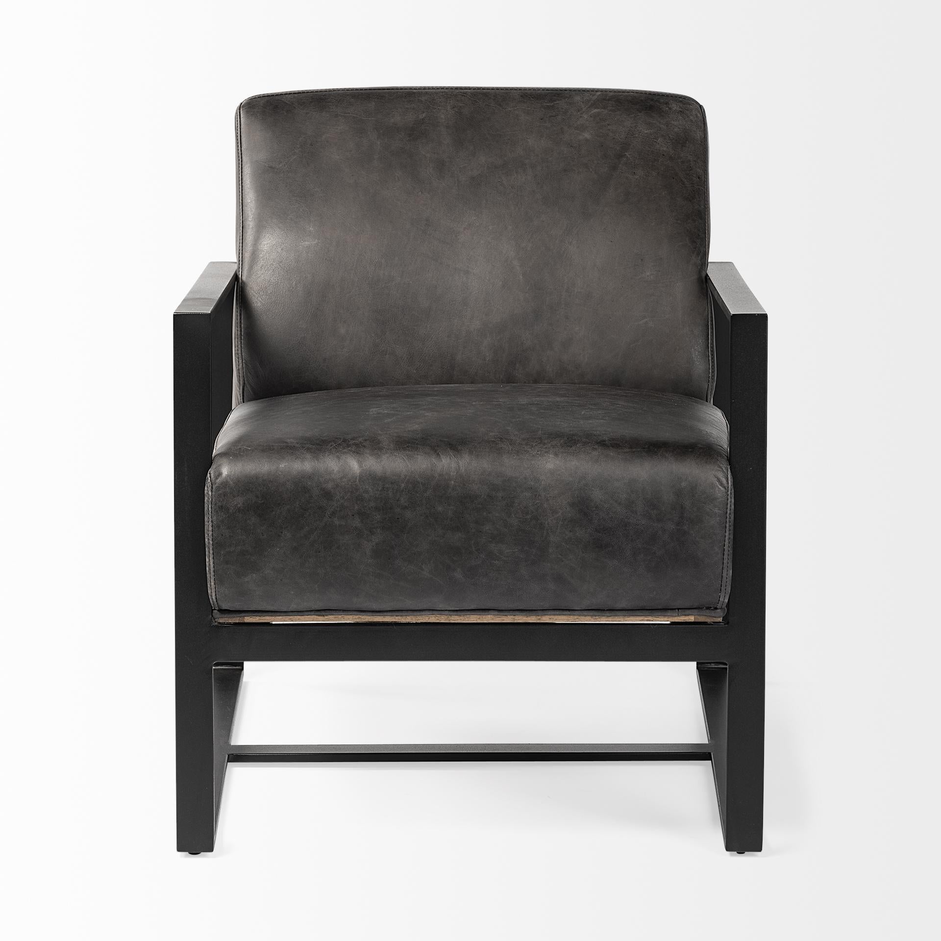 Ebony Genuine Leather Wrapped Accent Chair with Metal Frame