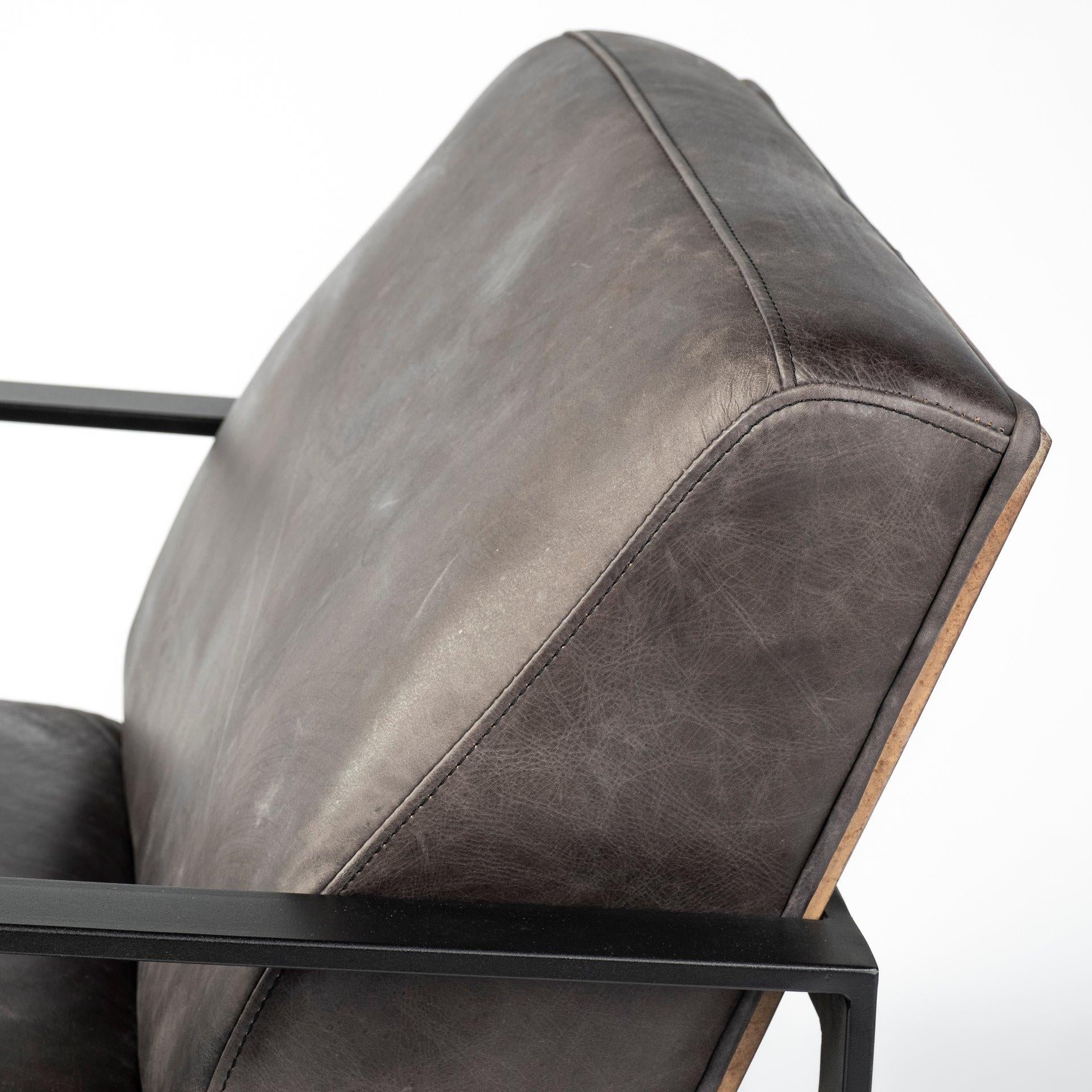 Ebony Genuine Leather Wrapped Accent Chair with Metal Frame