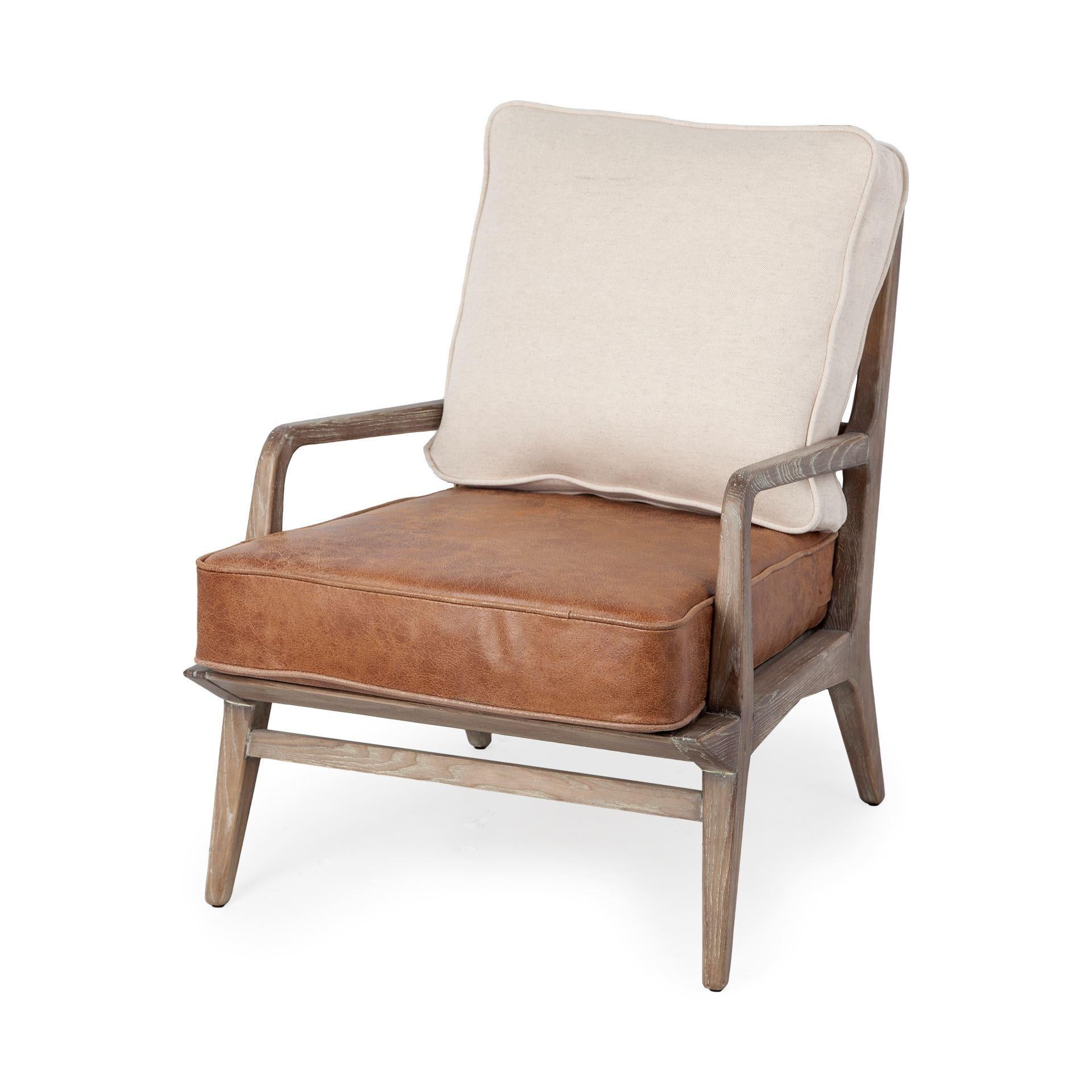 Brown Leather Seat Accent Chair with Off White Fabric