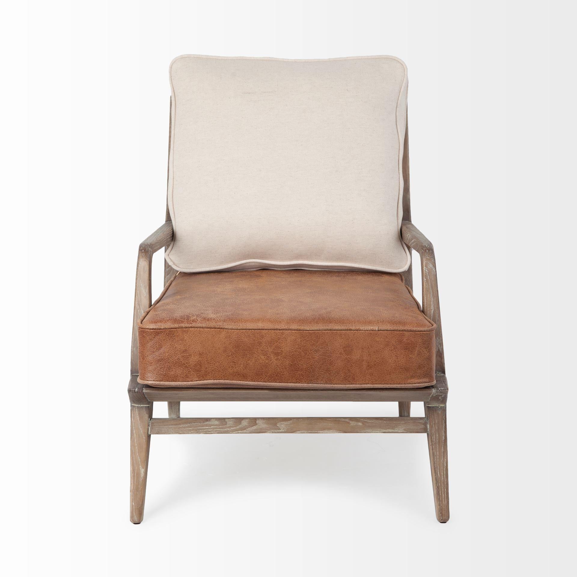 Brown Leather Seat Accent Chair with Off White Fabric