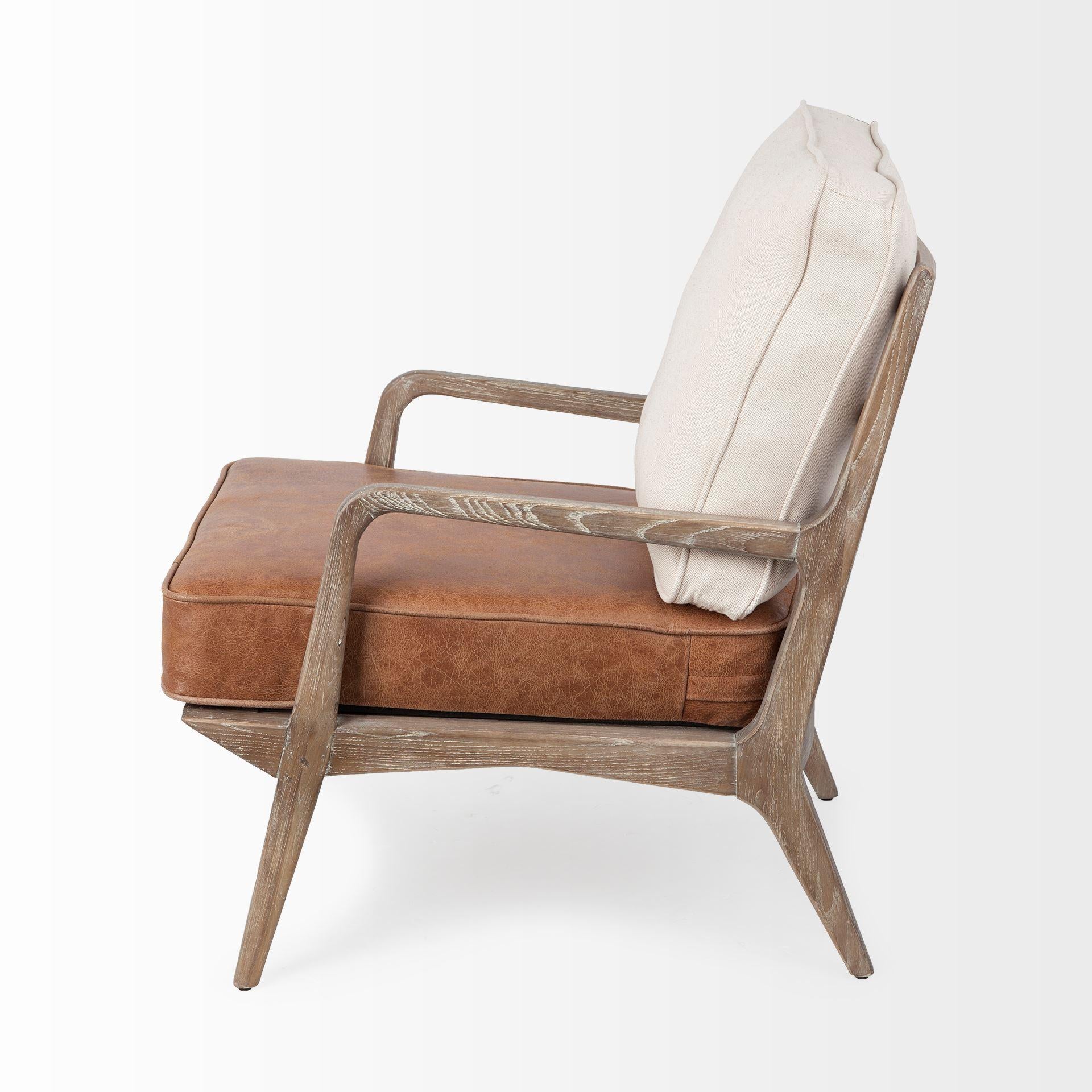 Brown Leather Seat Accent Chair with Off White Fabric