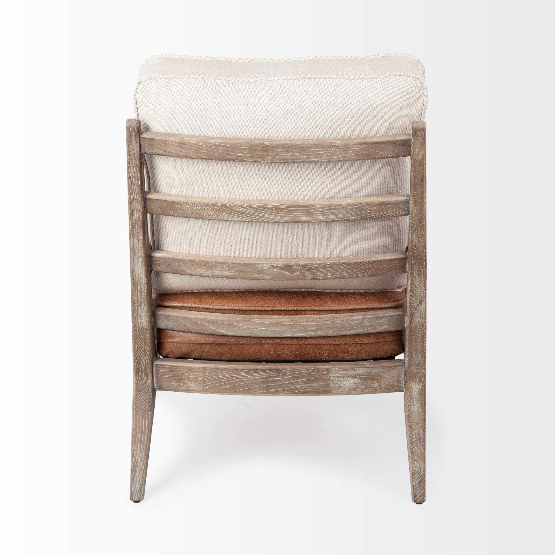 Brown Leather Seat Accent Chair with Off White Fabric