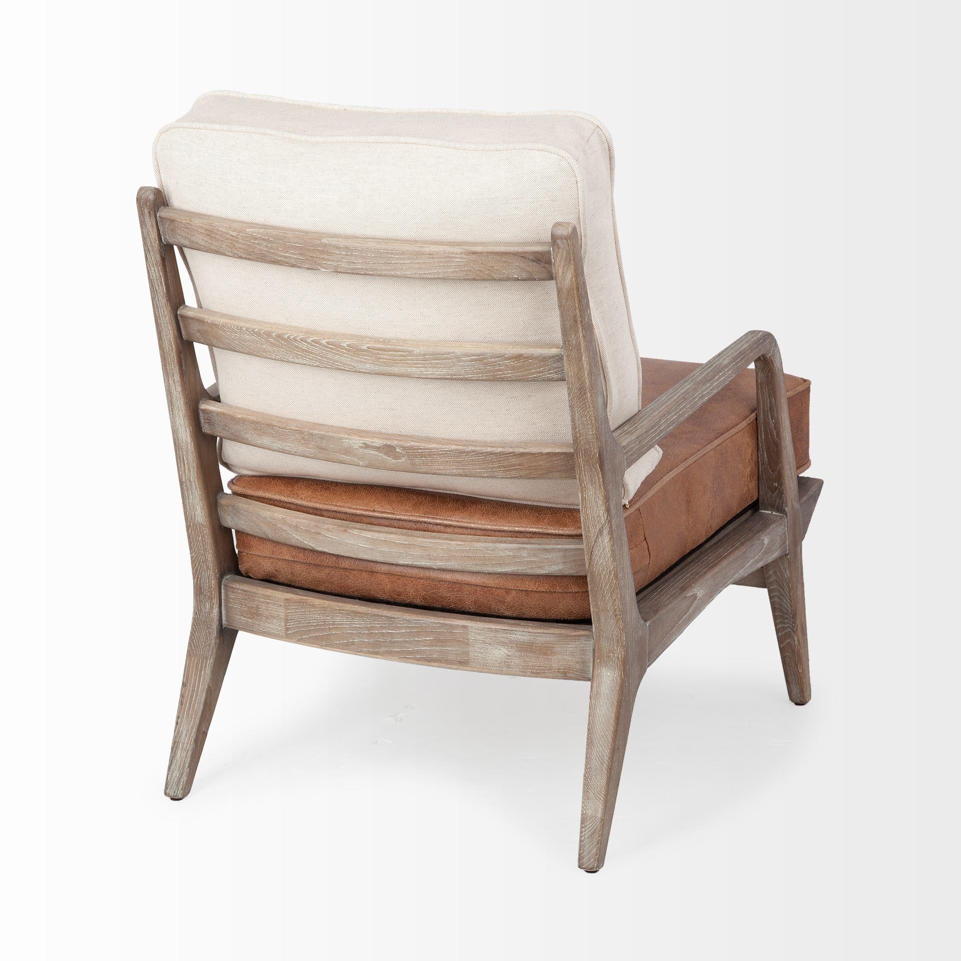 Brown Leather Seat Accent Chair with Off White Fabric