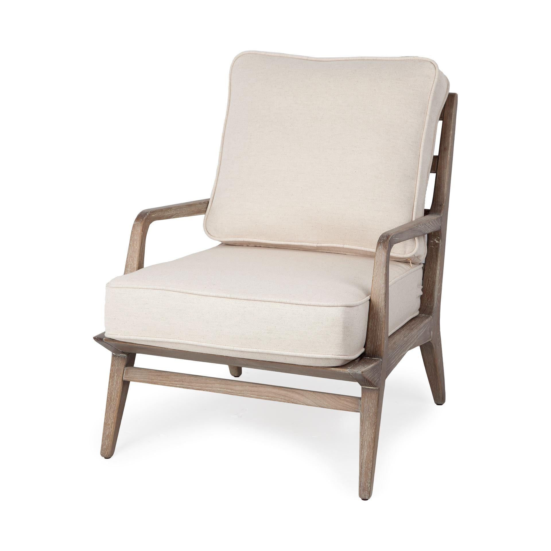 Off White Fabric Seat Accent Chair with Ash Wood Frame