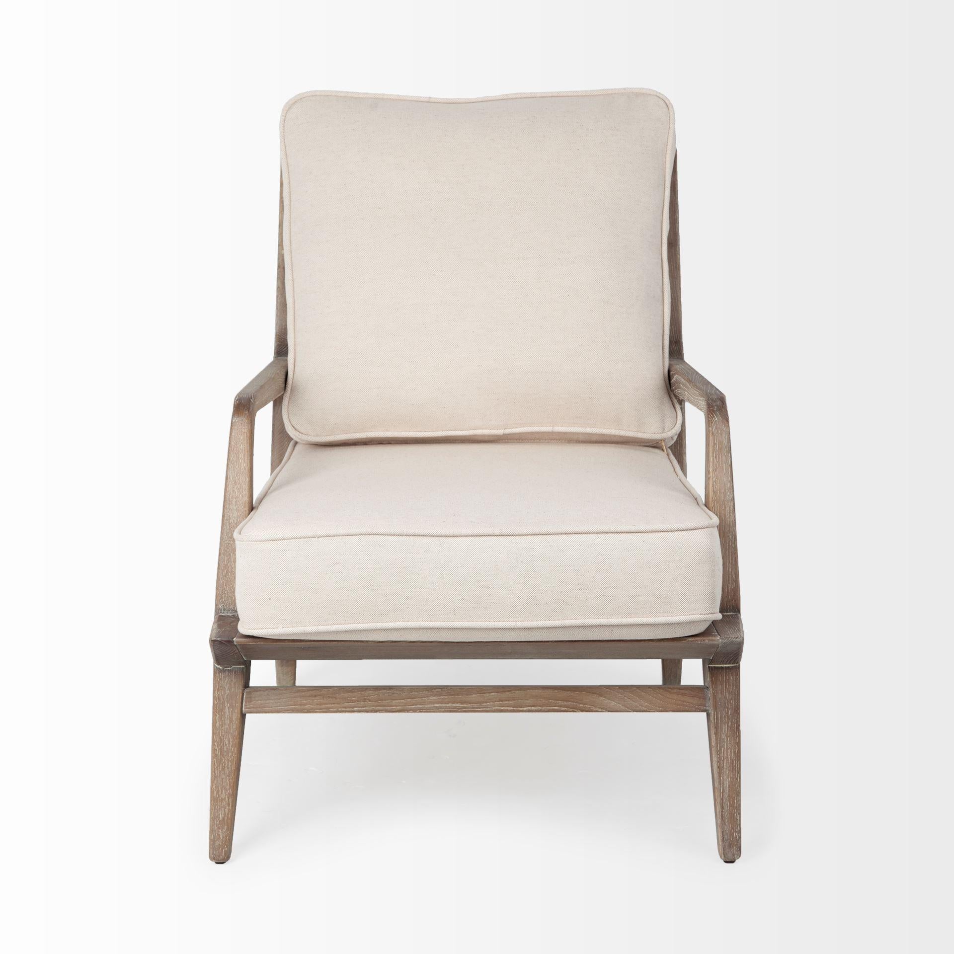 Off White Fabric Seat Accent Chair with Ash Wood Frame