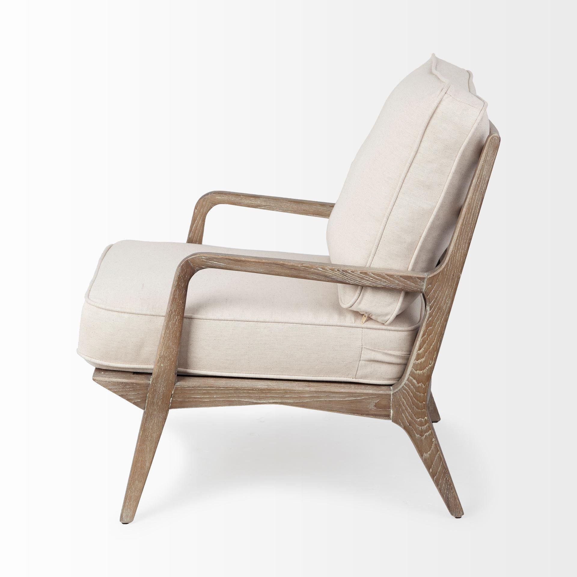 Off White Fabric Seat Accent Chair with Ash Wood Frame