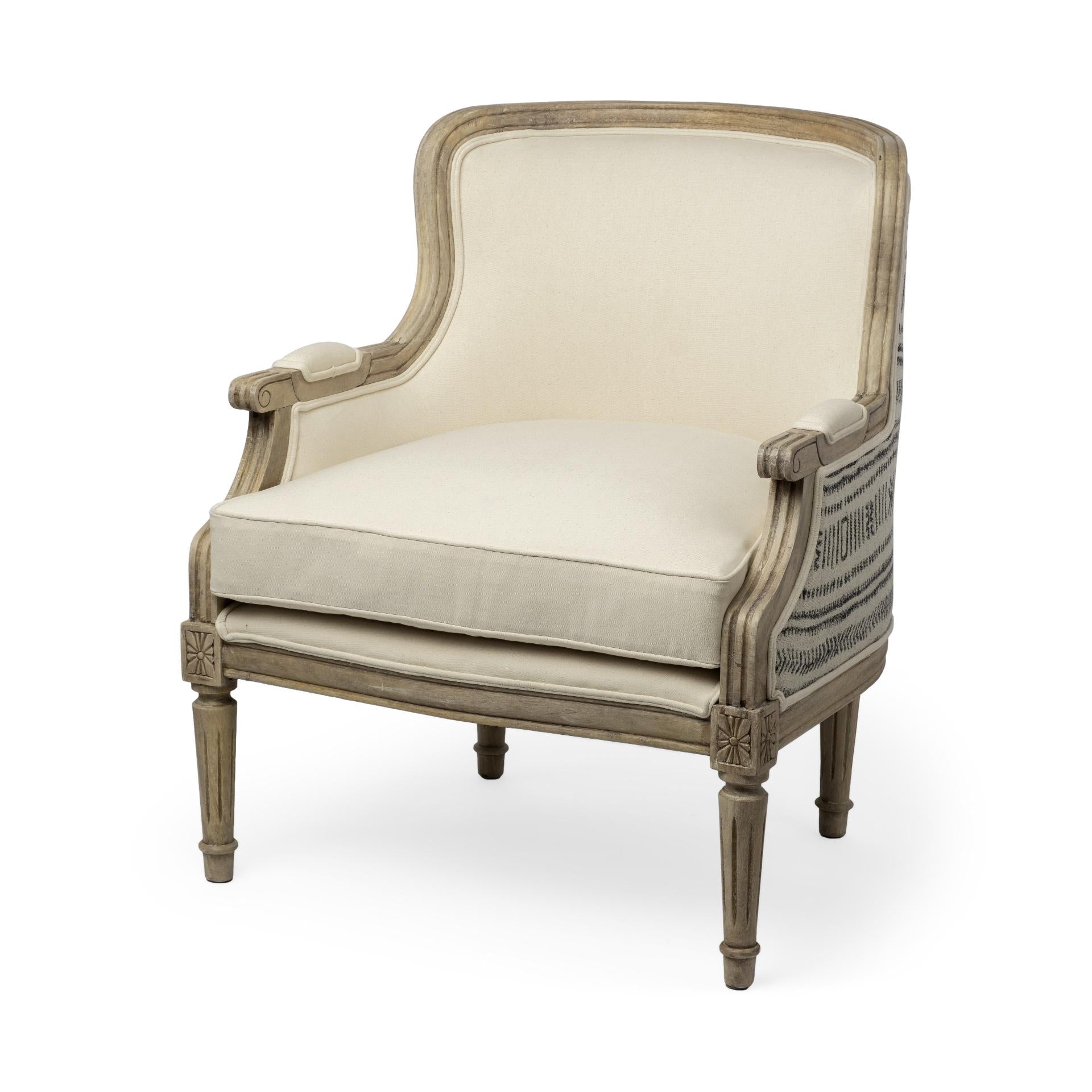 Elizabeth Cream Fabric Seat Accent Chair with Wooden Base Detailed Back