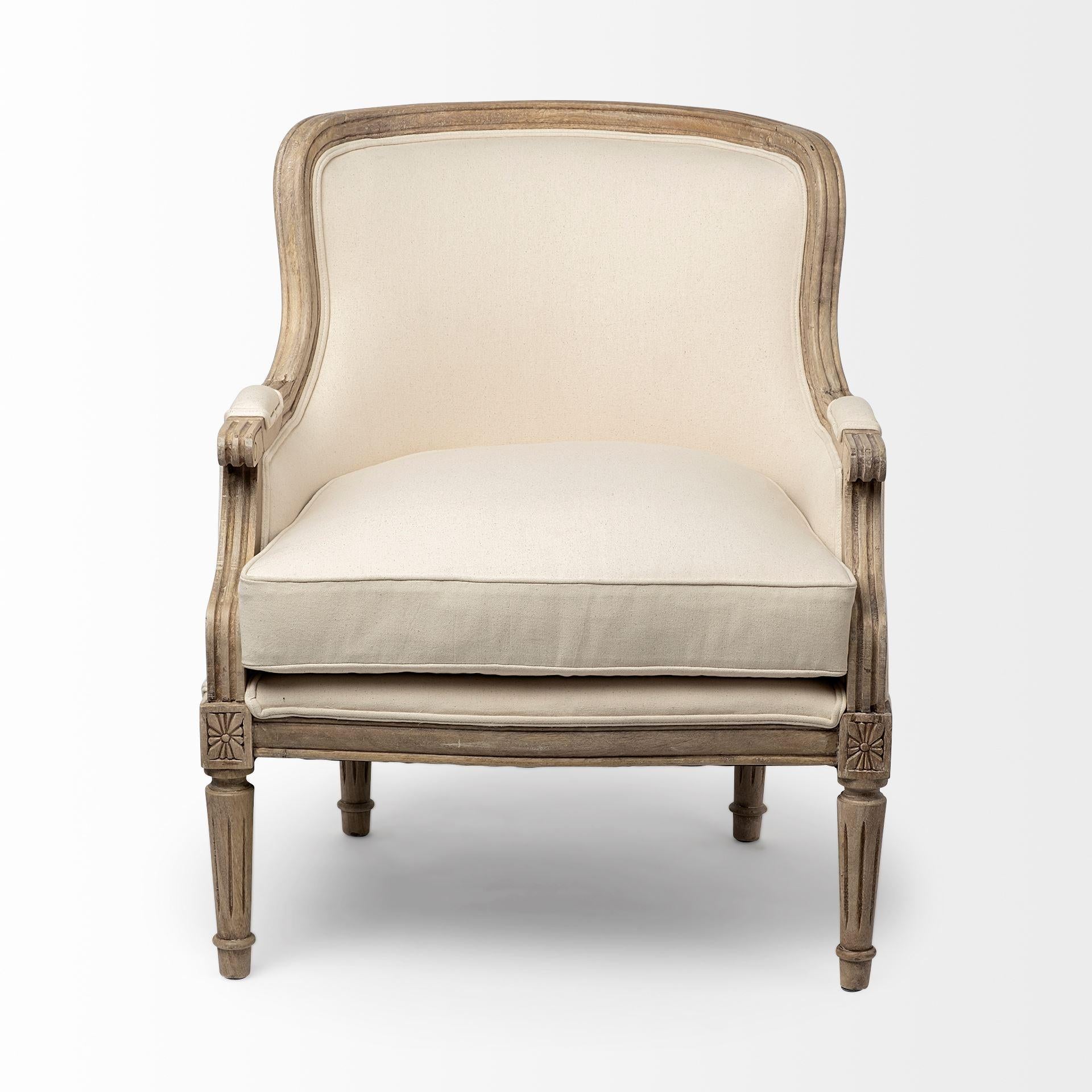 Elizabeth Cream Fabric Seat Accent Chair with Wooden Base Detailed Back