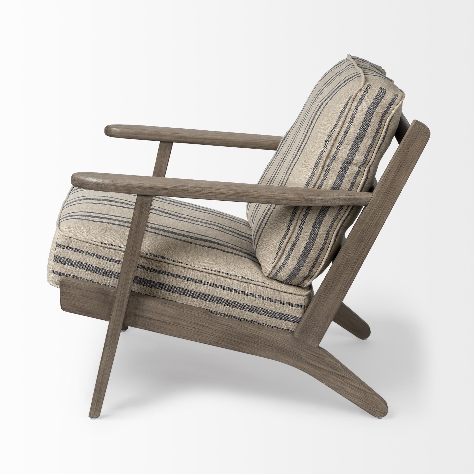 Striped Light Brown Fabric Wrapped Accent Chair with Wooden Frame