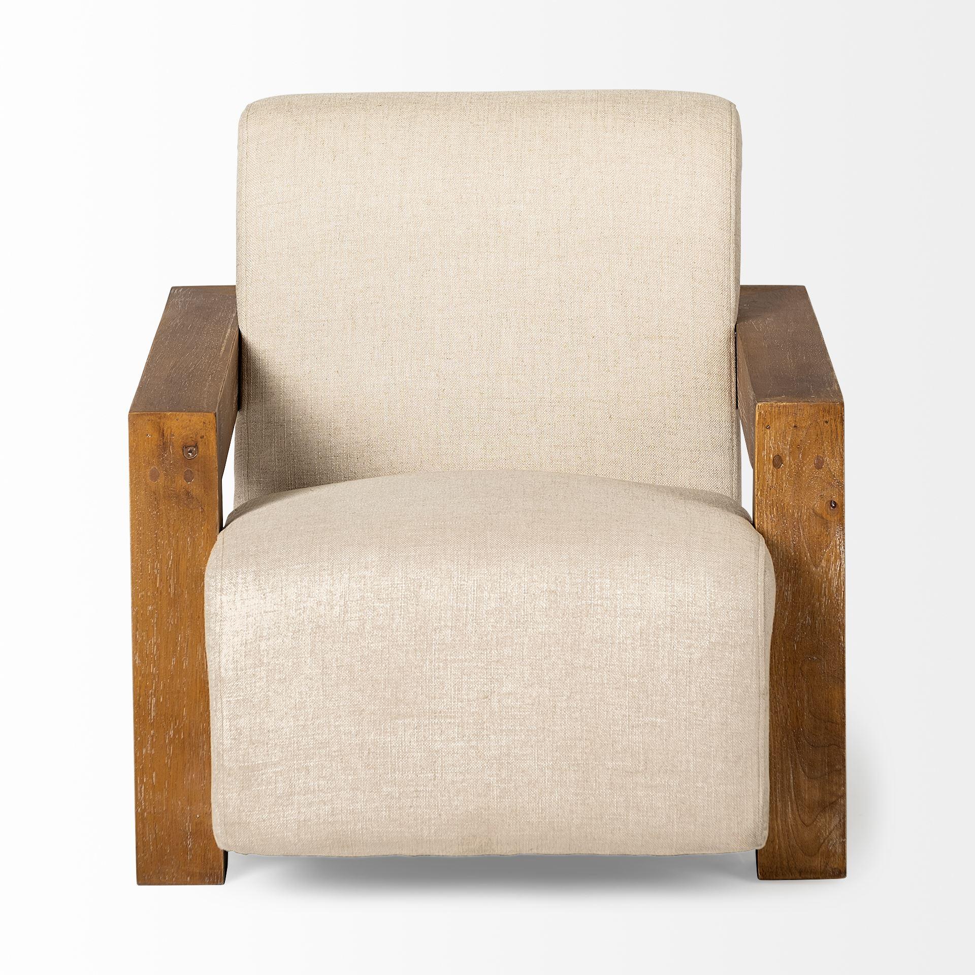 Cream Fabric Seat Accent Chair with Natural Wood Frame