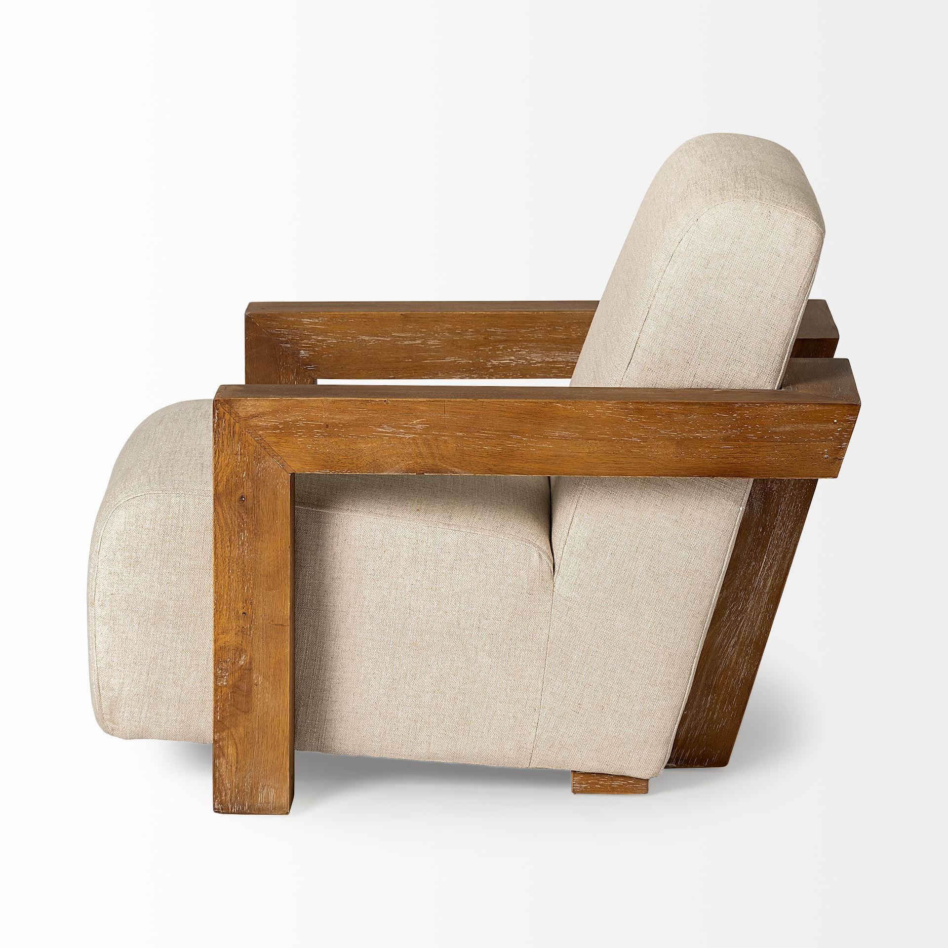 Cream Fabric Seat Accent Chair with Natural Wood Frame