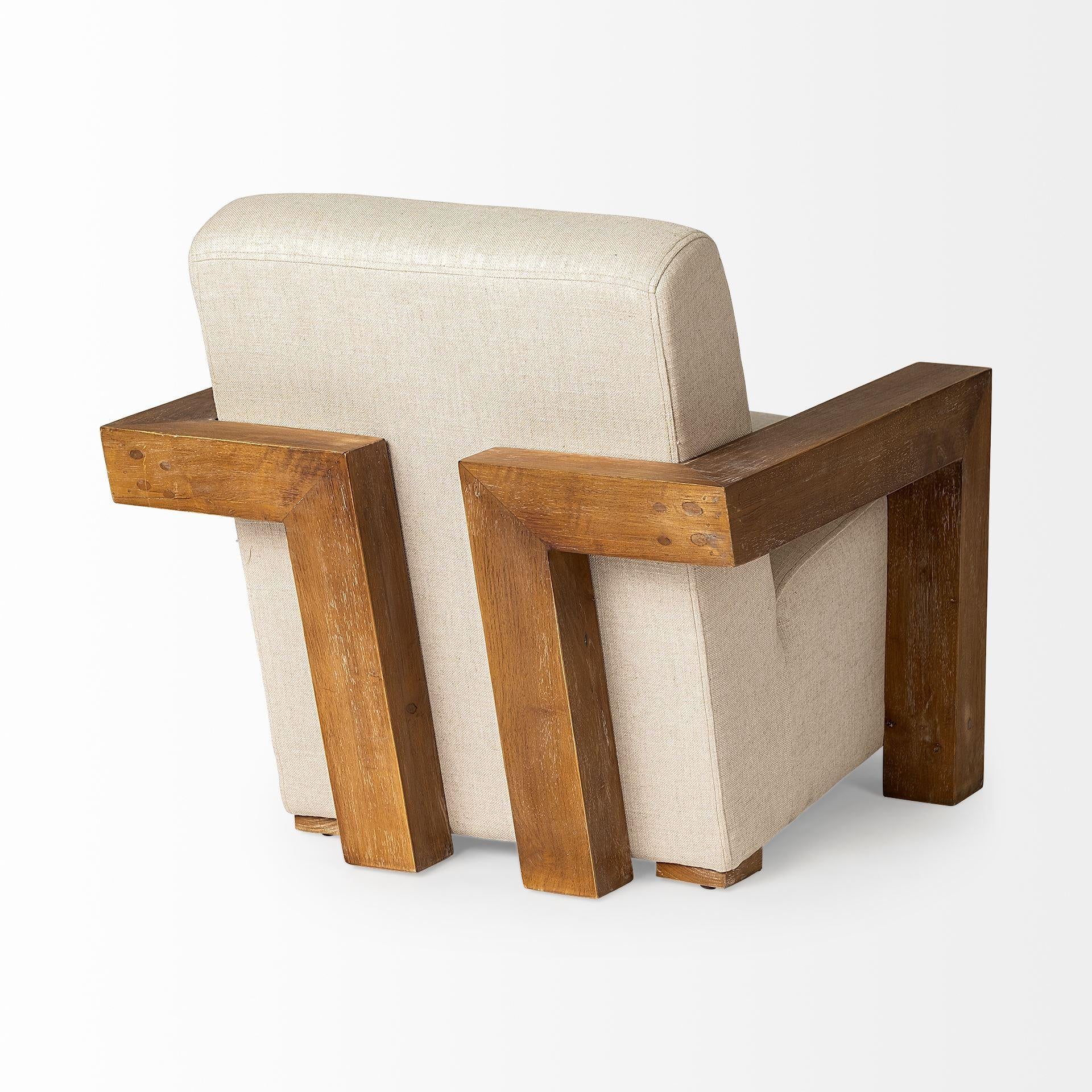 Cream Fabric Seat Accent Chair with Natural Wood Frame