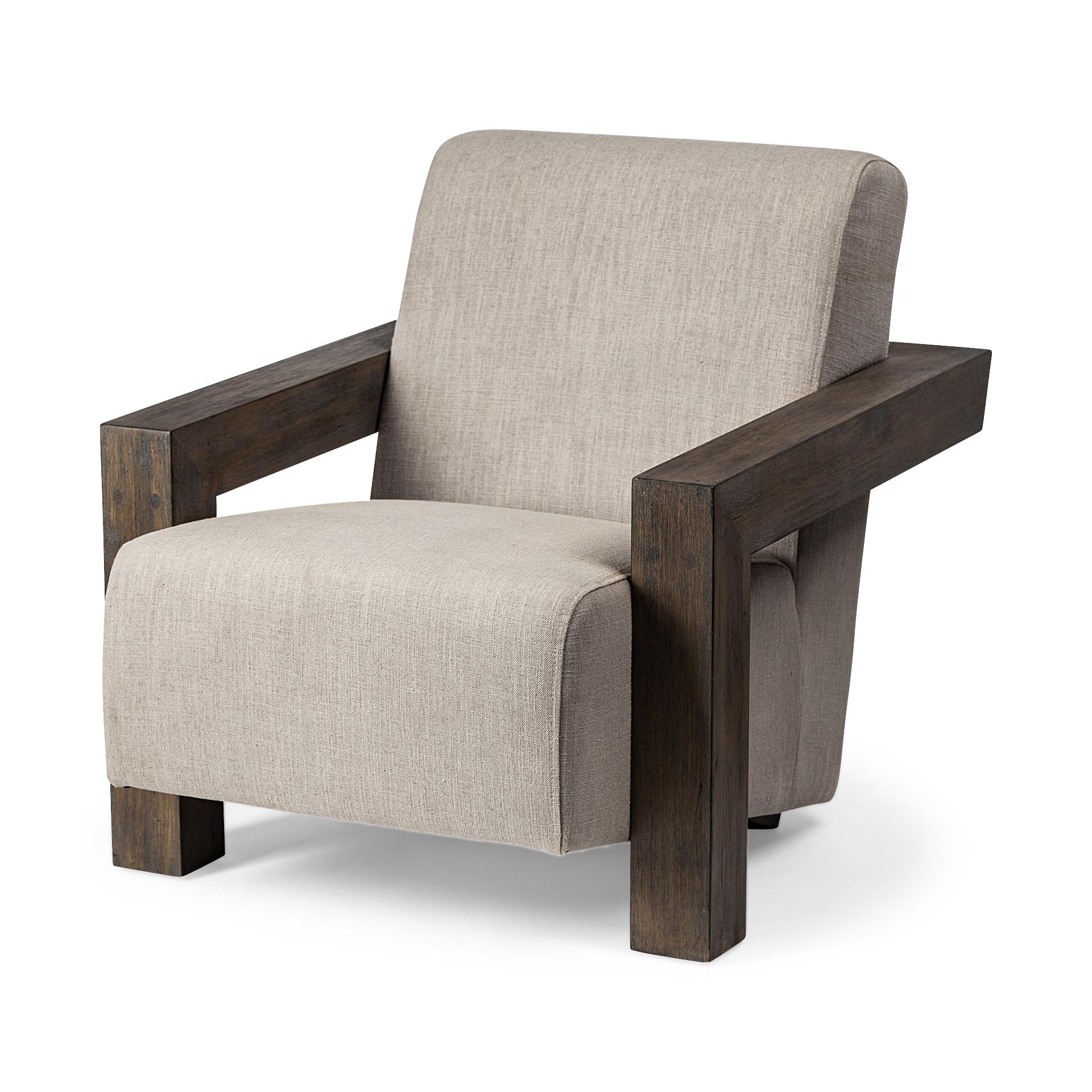 Beige Fabric Accent Chair with Upholstered Natural Wood Frame