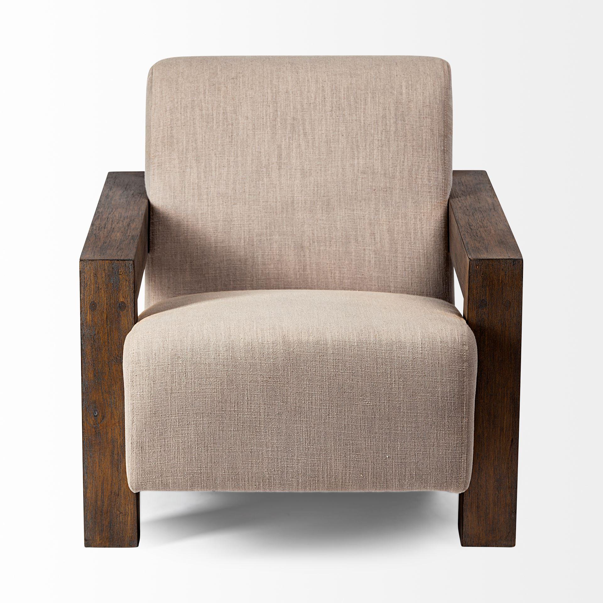 Beige Fabric Accent Chair with Upholstered Natural Wood Frame