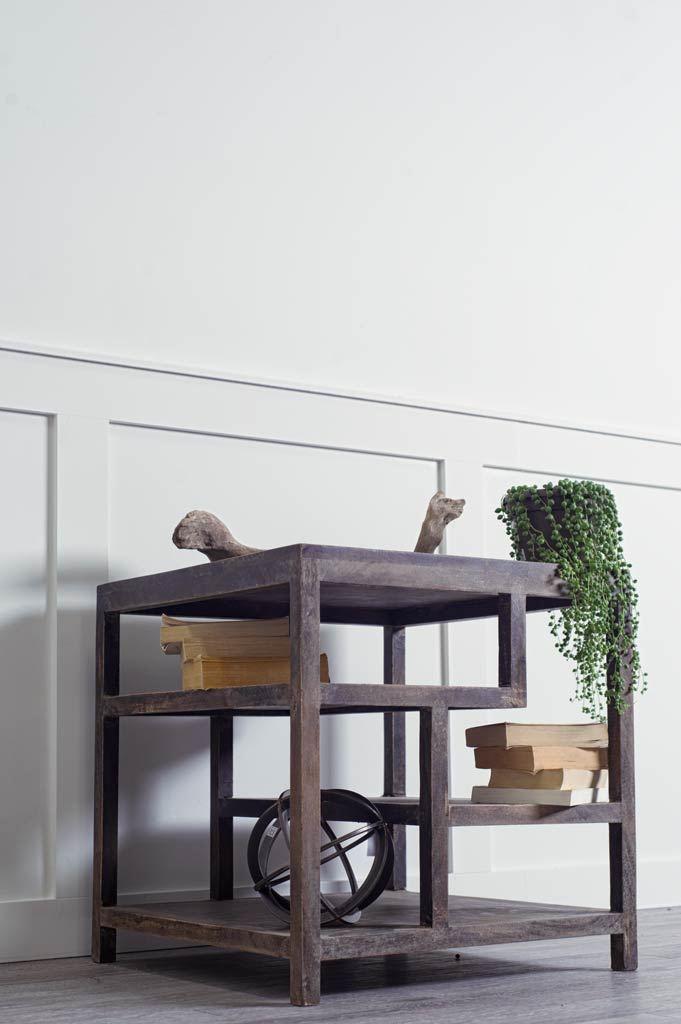 Medium Brown Wooden Square Top End Table with Multi-Shelf