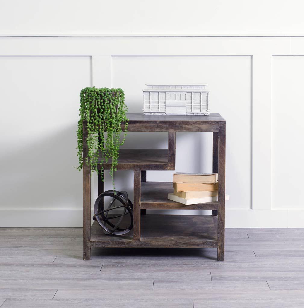 Medium Brown Wooden Square Top End Table with Multi-Shelf