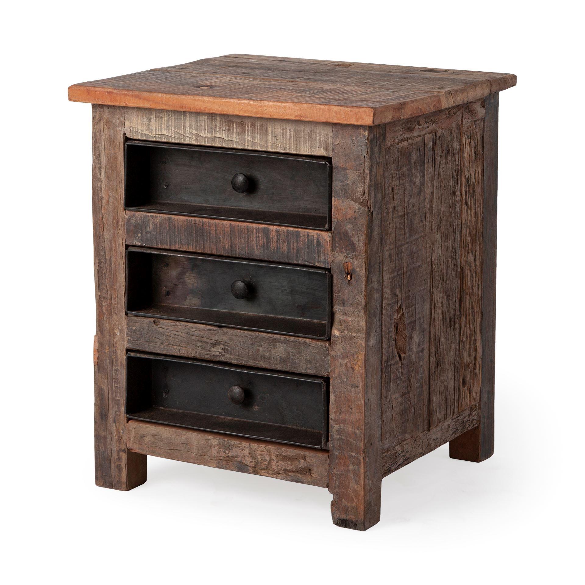 Medium Brown Wood Square Top End Table with Rustic Metal Drawers