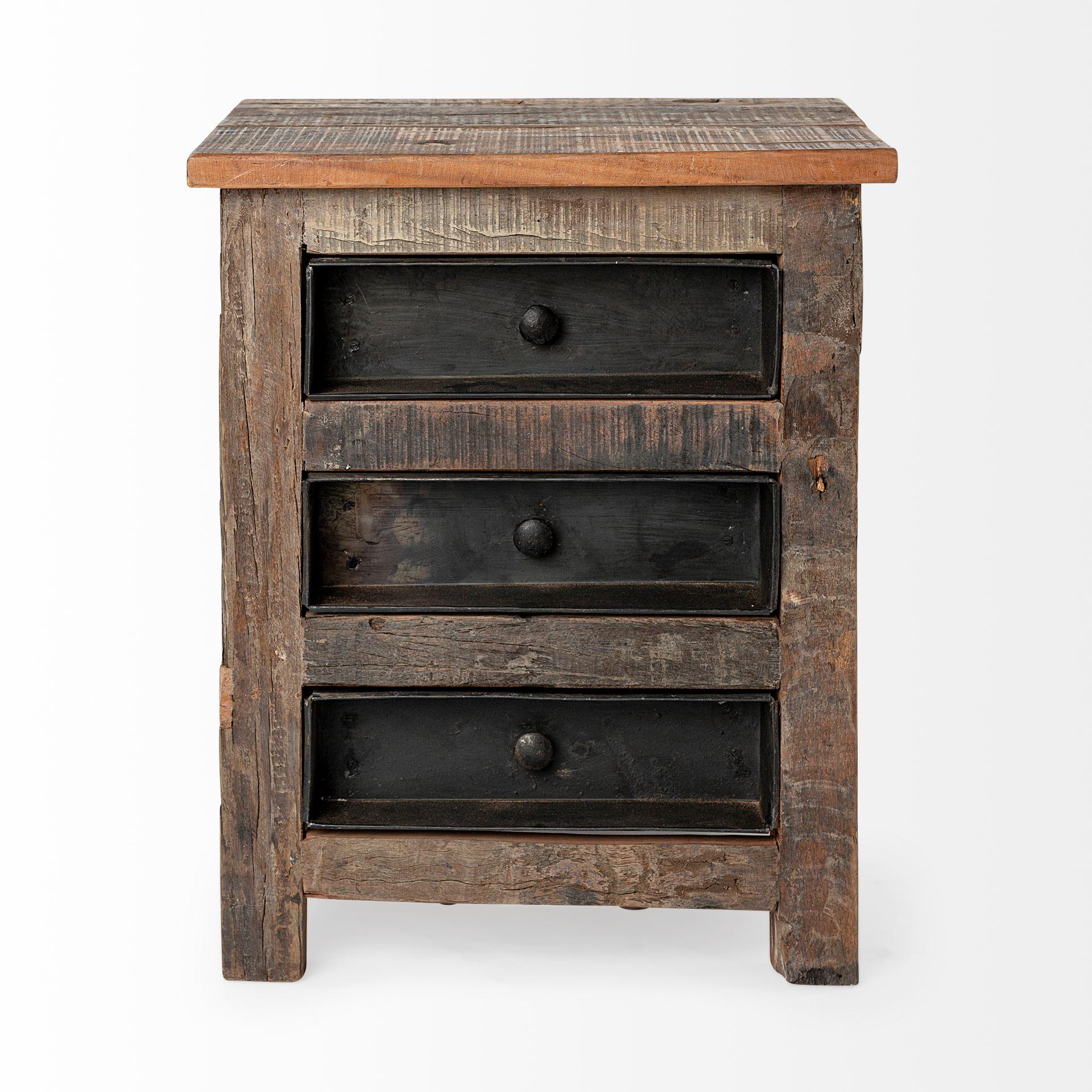 Medium Brown Wood Square Top End Table with Rustic Metal Drawers