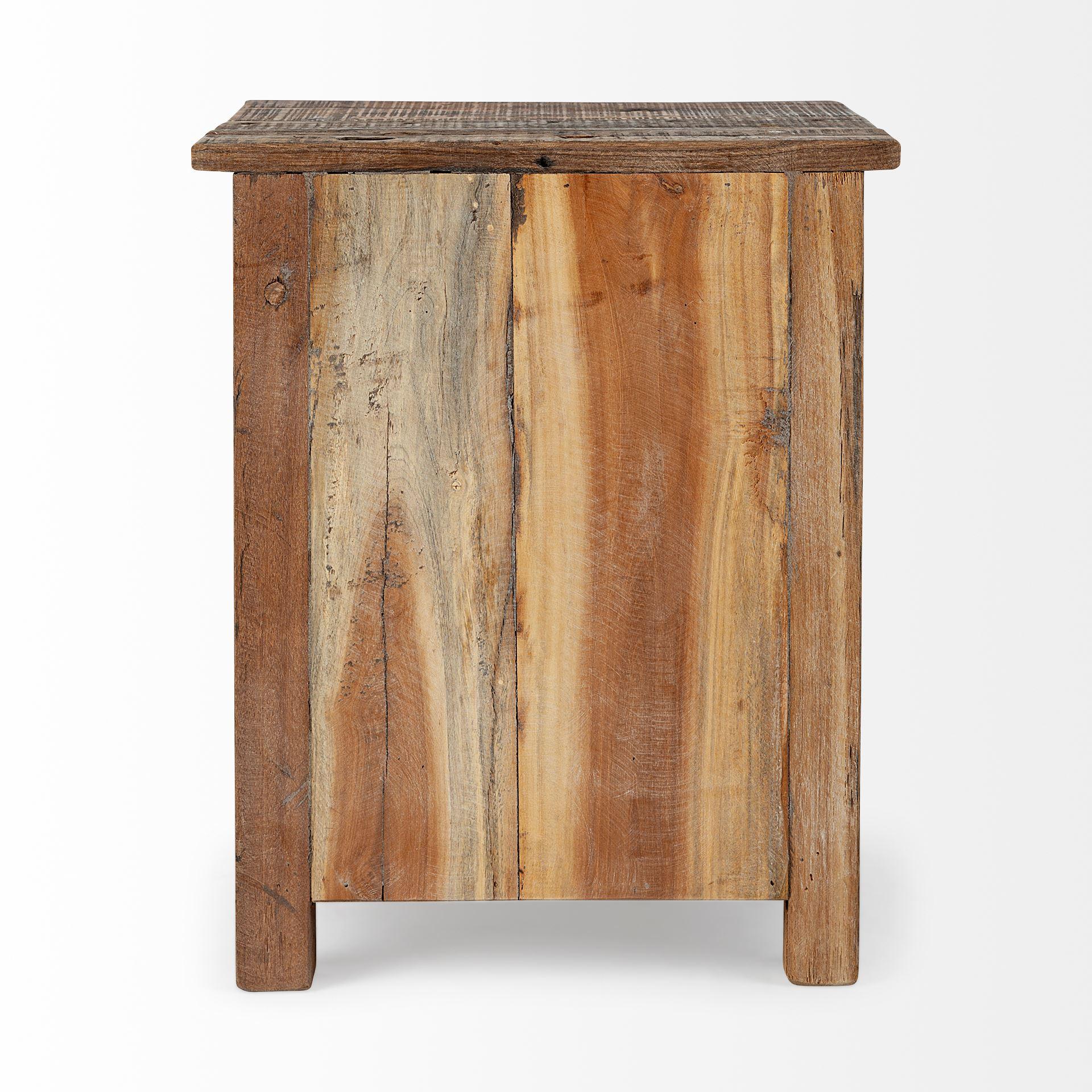 Medium Brown Wood Square Top End Table with Rustic Metal Drawers