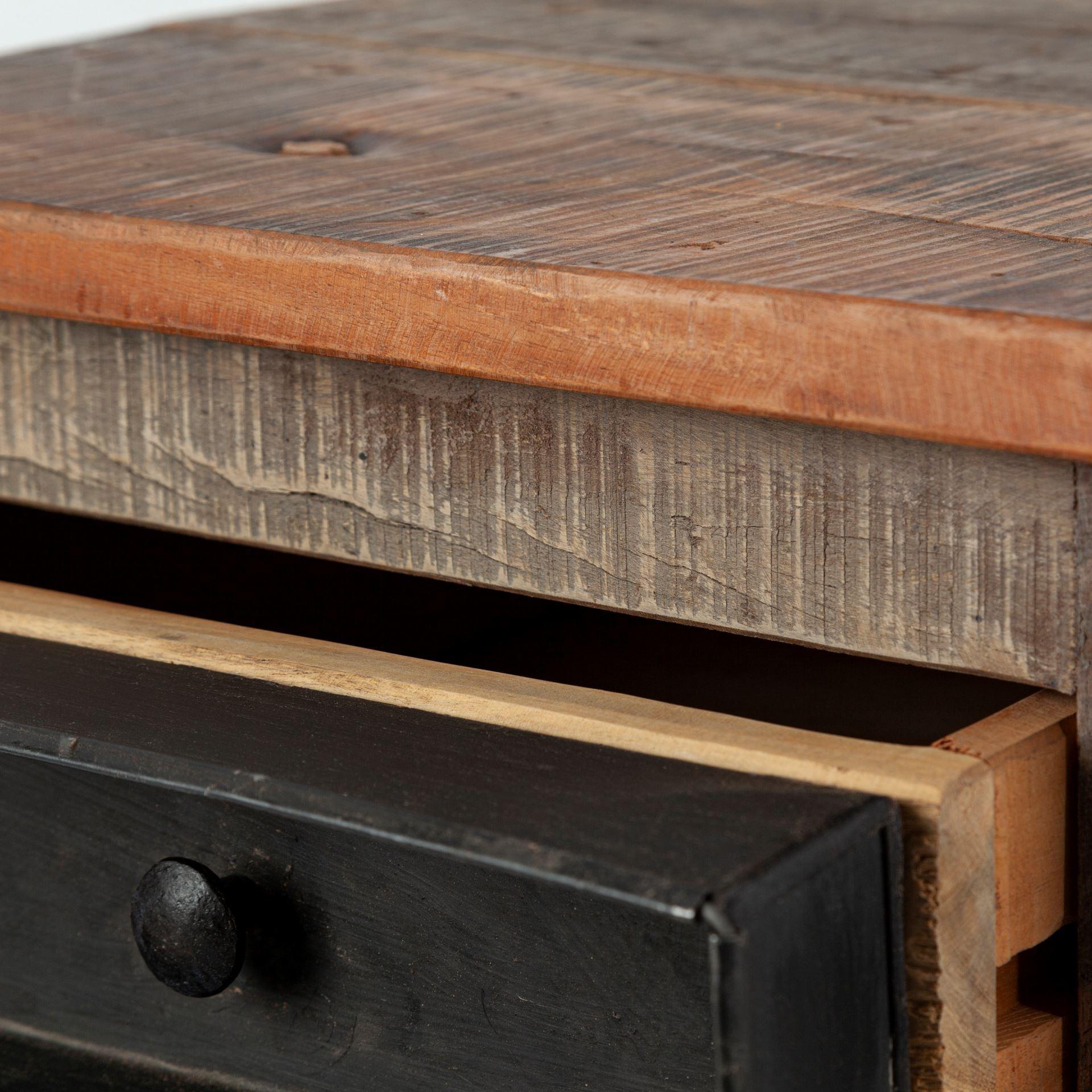 Medium Brown Wood Square Top End Table with Rustic Metal Drawers