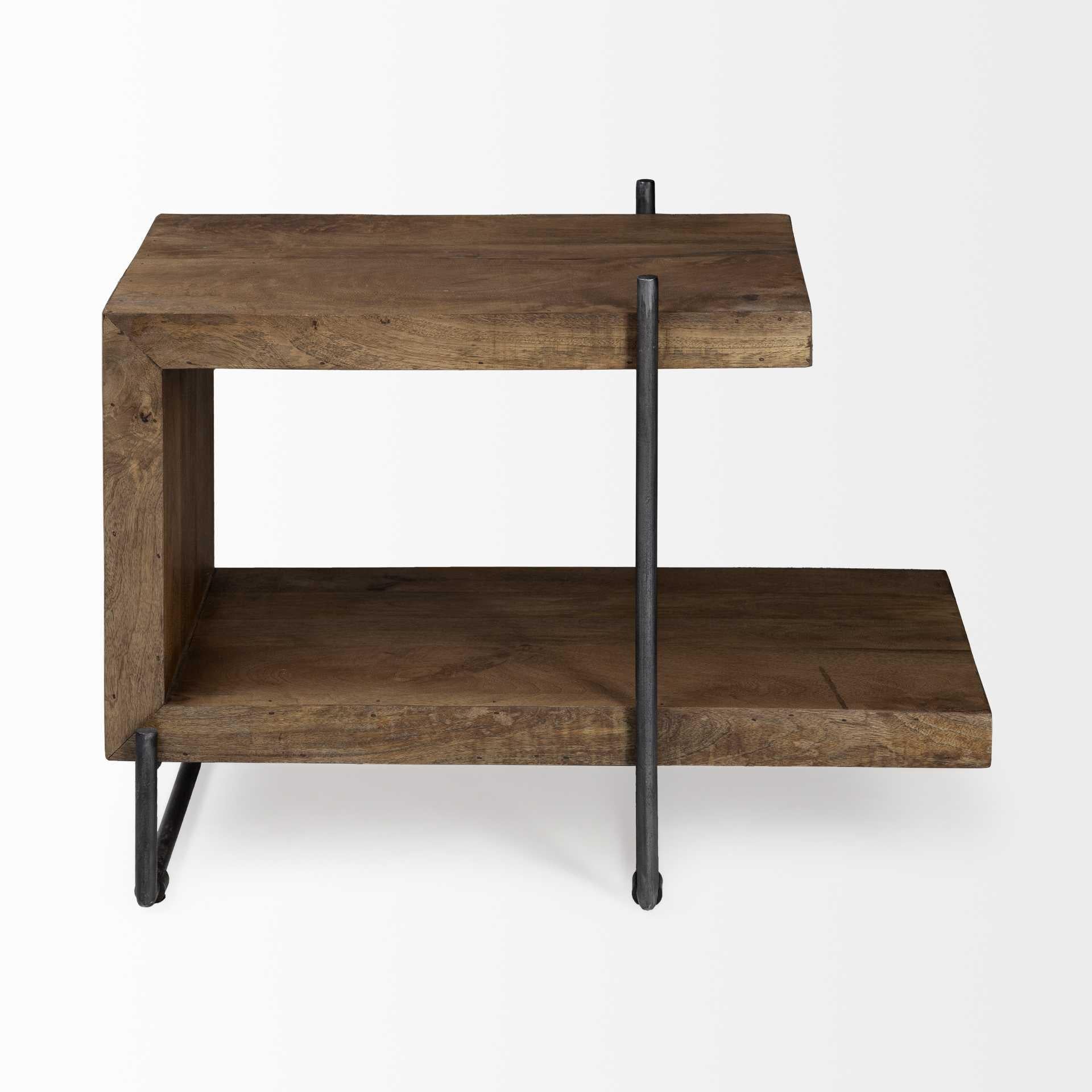 Medium Brown Wood U Shaped Side Table with Extended Storage Shelf