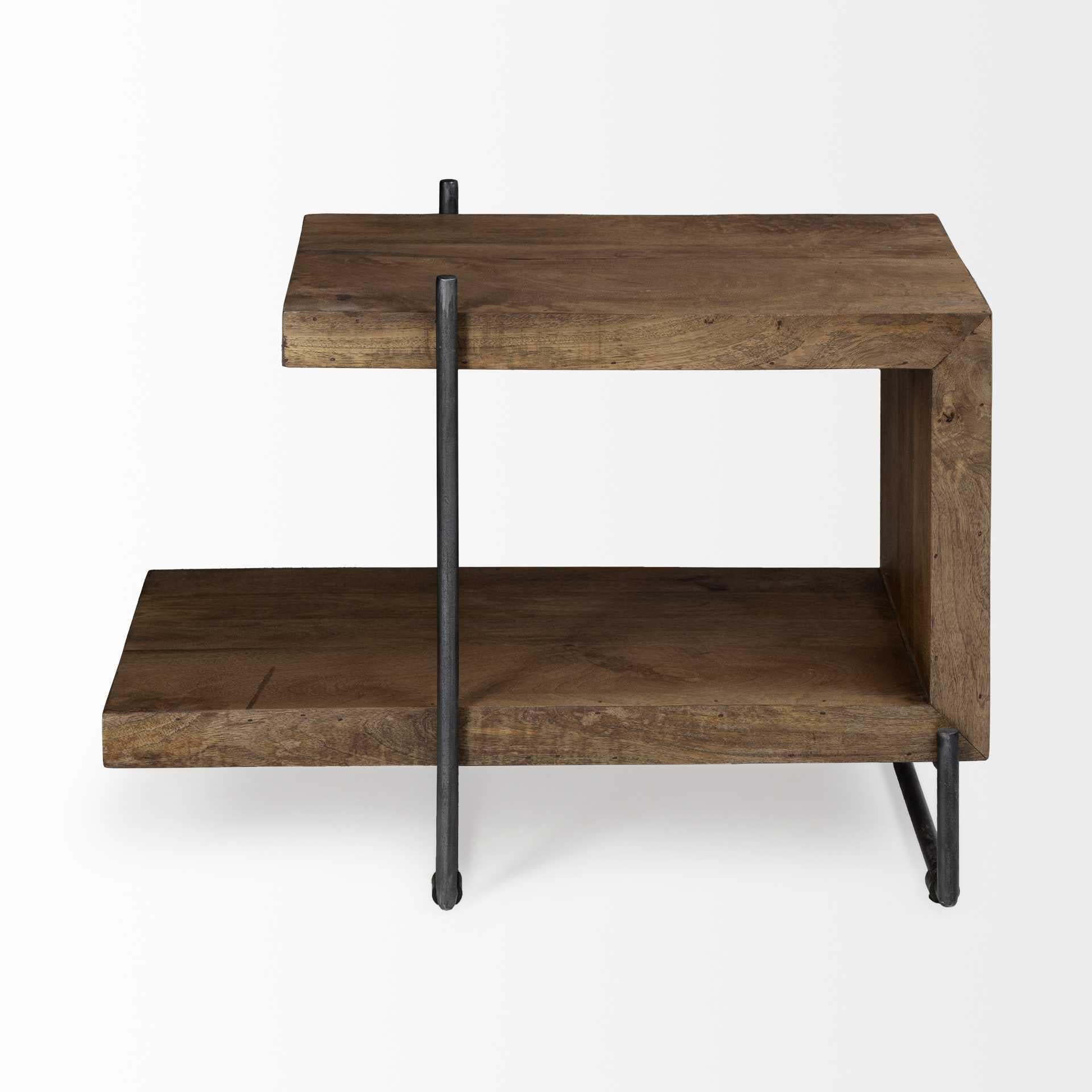 Medium Brown Wood U Shaped Side Table with Extended Storage Shelf