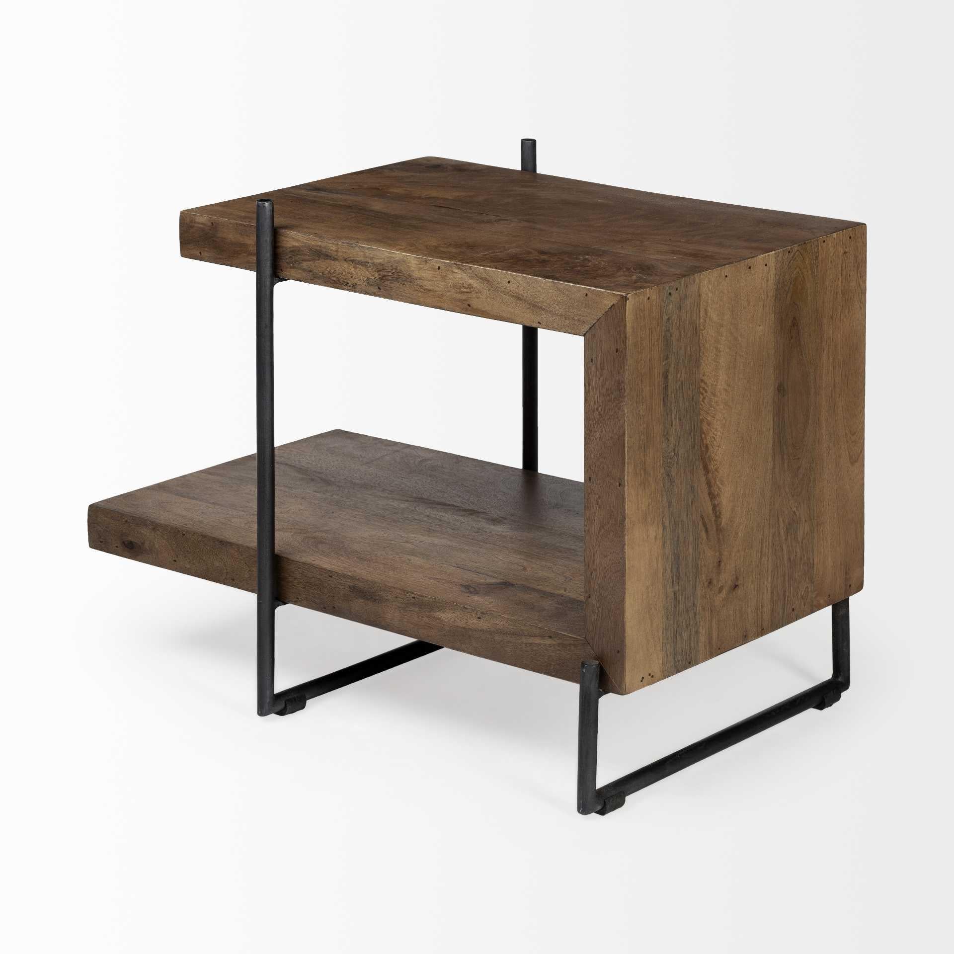 Medium Brown Wood U Shaped Side Table with Extended Storage Shelf