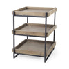 Medium Brown Wooden Square Top Side Table with Three-Tiered Black Iron Frame