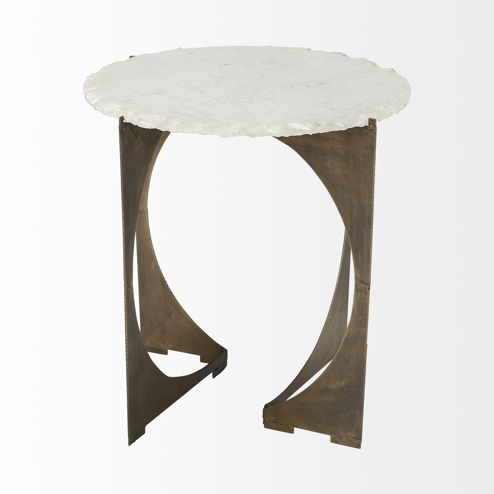 Round Live-Edge Side Table with Marble Top and Gold Metal Base