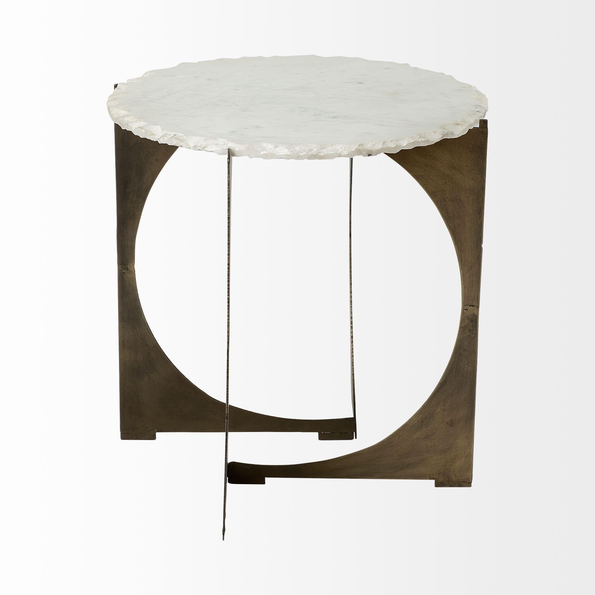 Round Live-Edge Side Table with Marble Top and Gold Metal Base