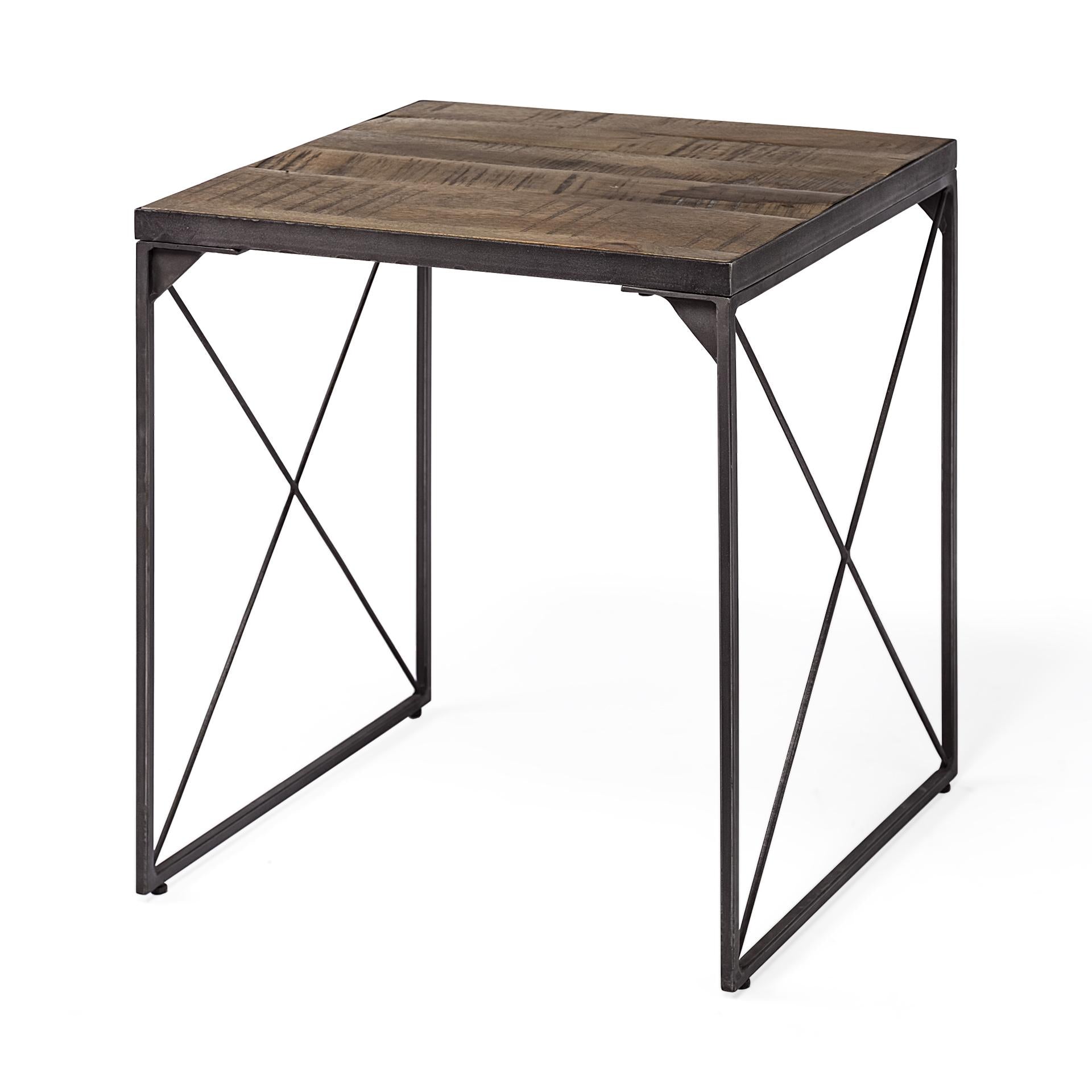 Medium Brown Wood Side Table with Square Top and Iron Cross Braced