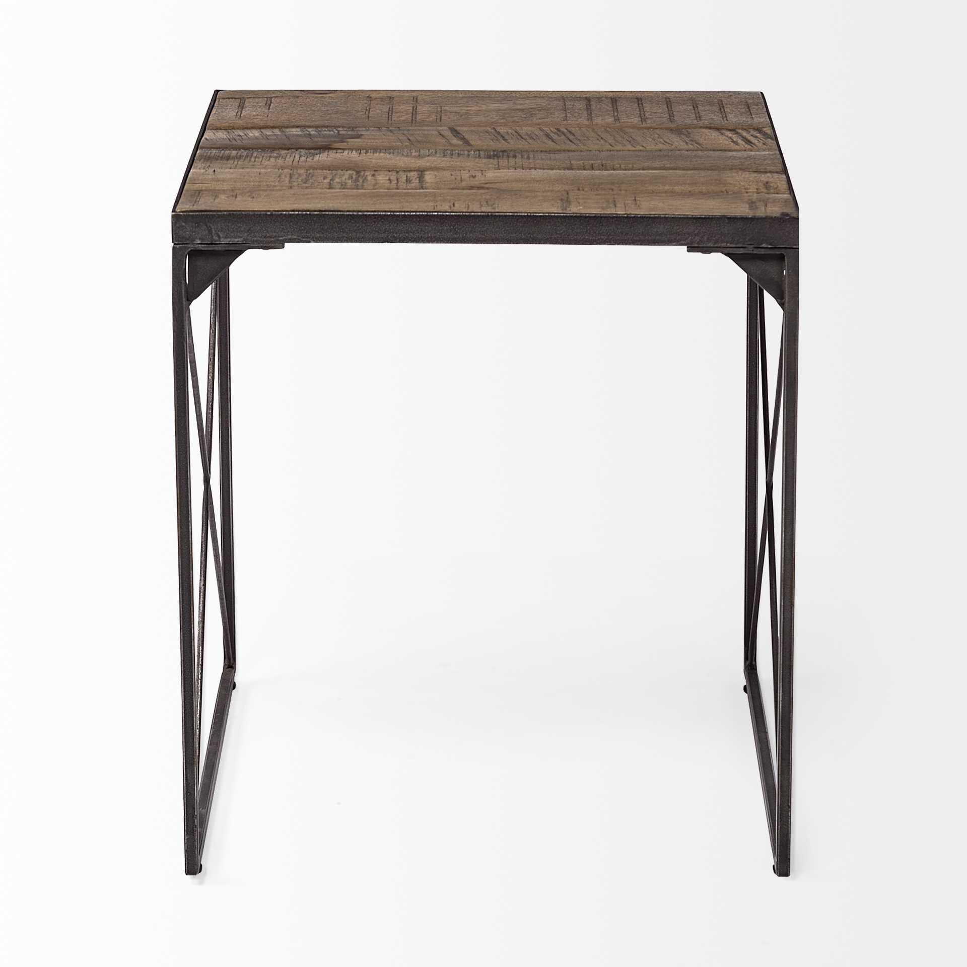 Medium Brown Wood Side Table with Square Top and Iron Cross Braced