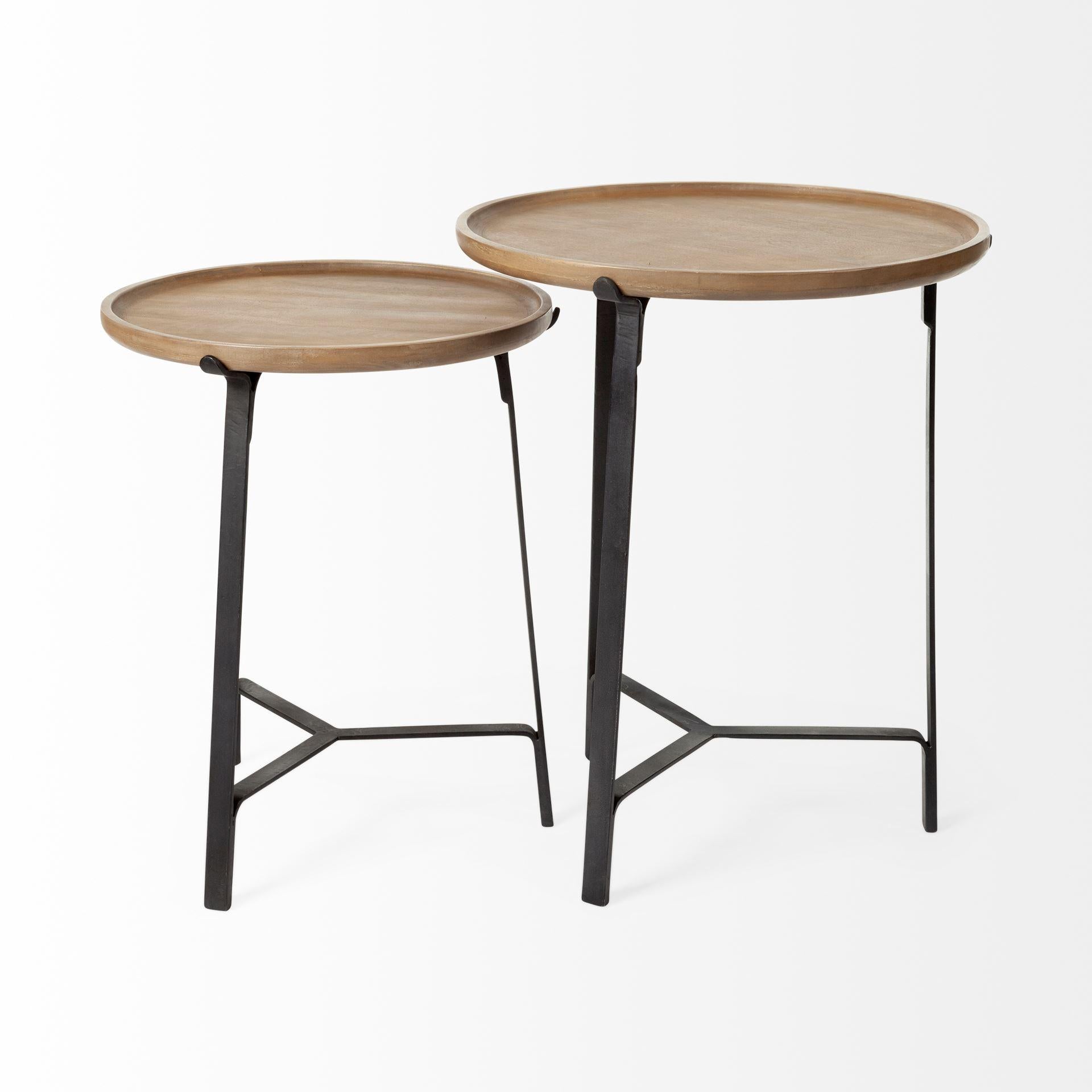 Set of 2 Round Brown Solid Wood Iron Base Nesting Side Tables