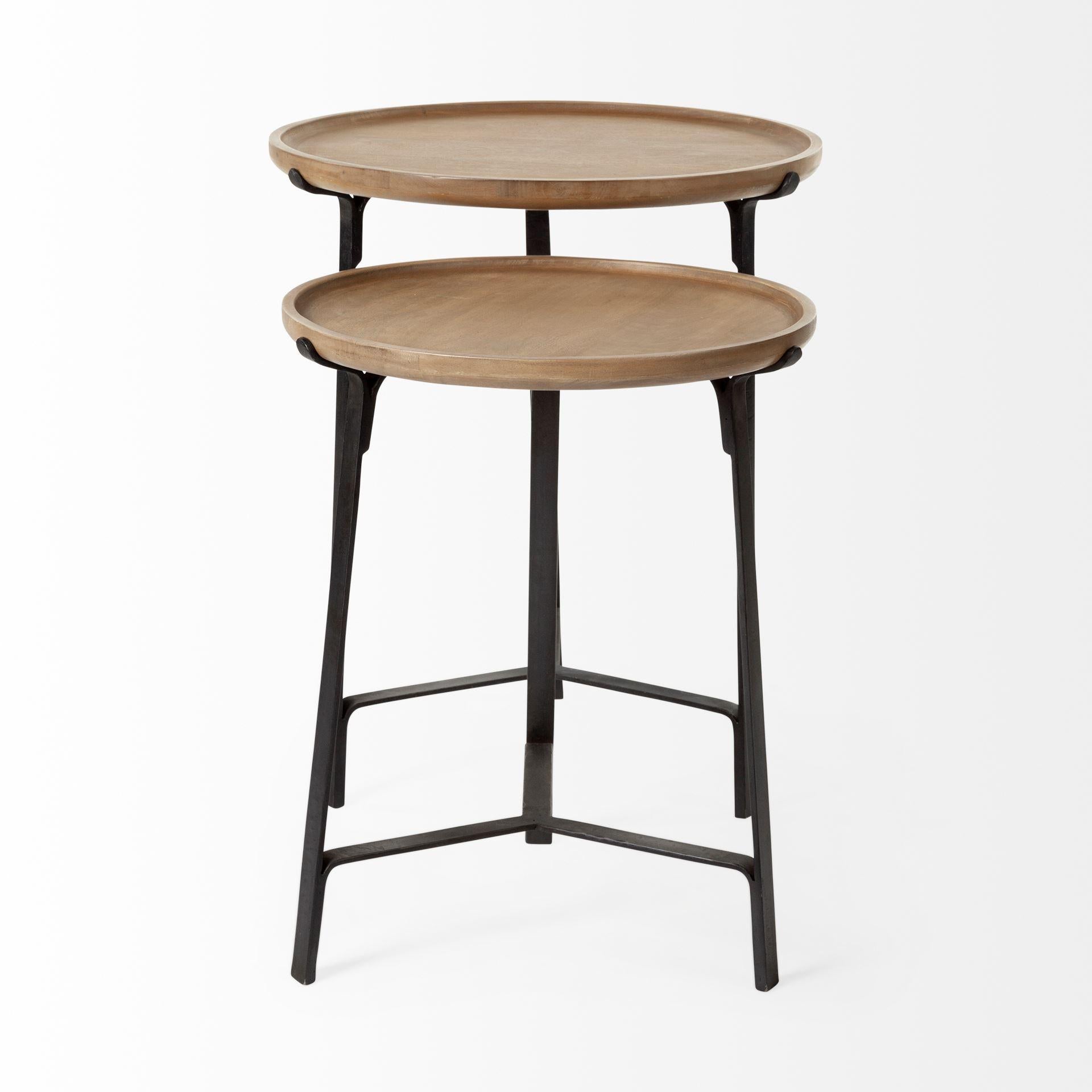 Set of 2 Round Brown Solid Wood Iron Base Nesting Side Tables