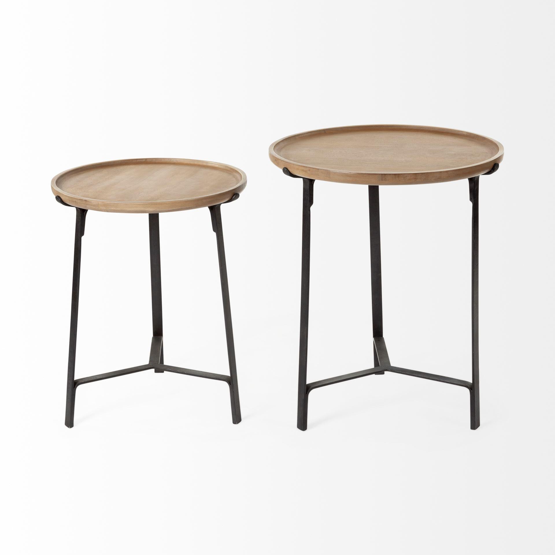 Set of 2 Round Brown Solid Wood Iron Base Nesting Side Tables