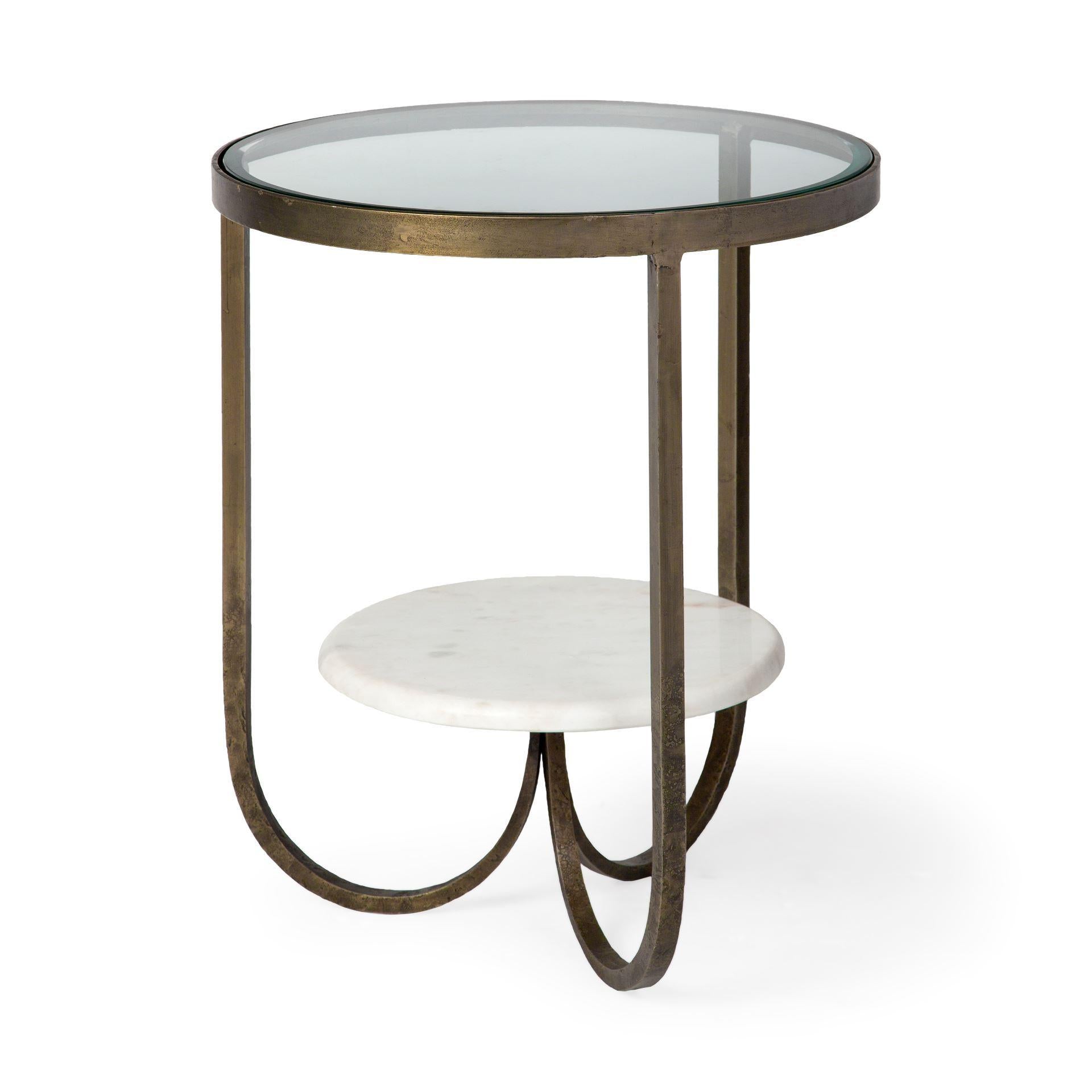 Round Glass Top Metal Side Table with Marble Shelf on Bottom