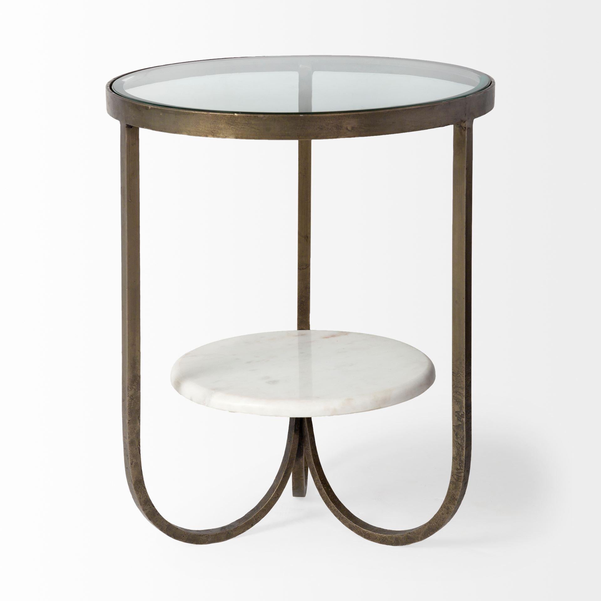 Round Glass Top Metal Side Table with Marble Shelf on Bottom