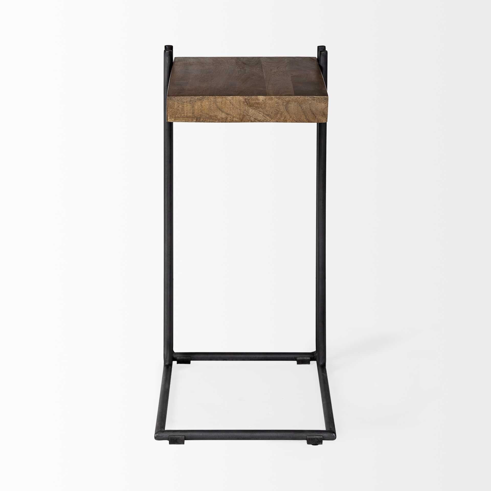 L-Shaped Medium Brown Wood Side Table with Black Metal Frame