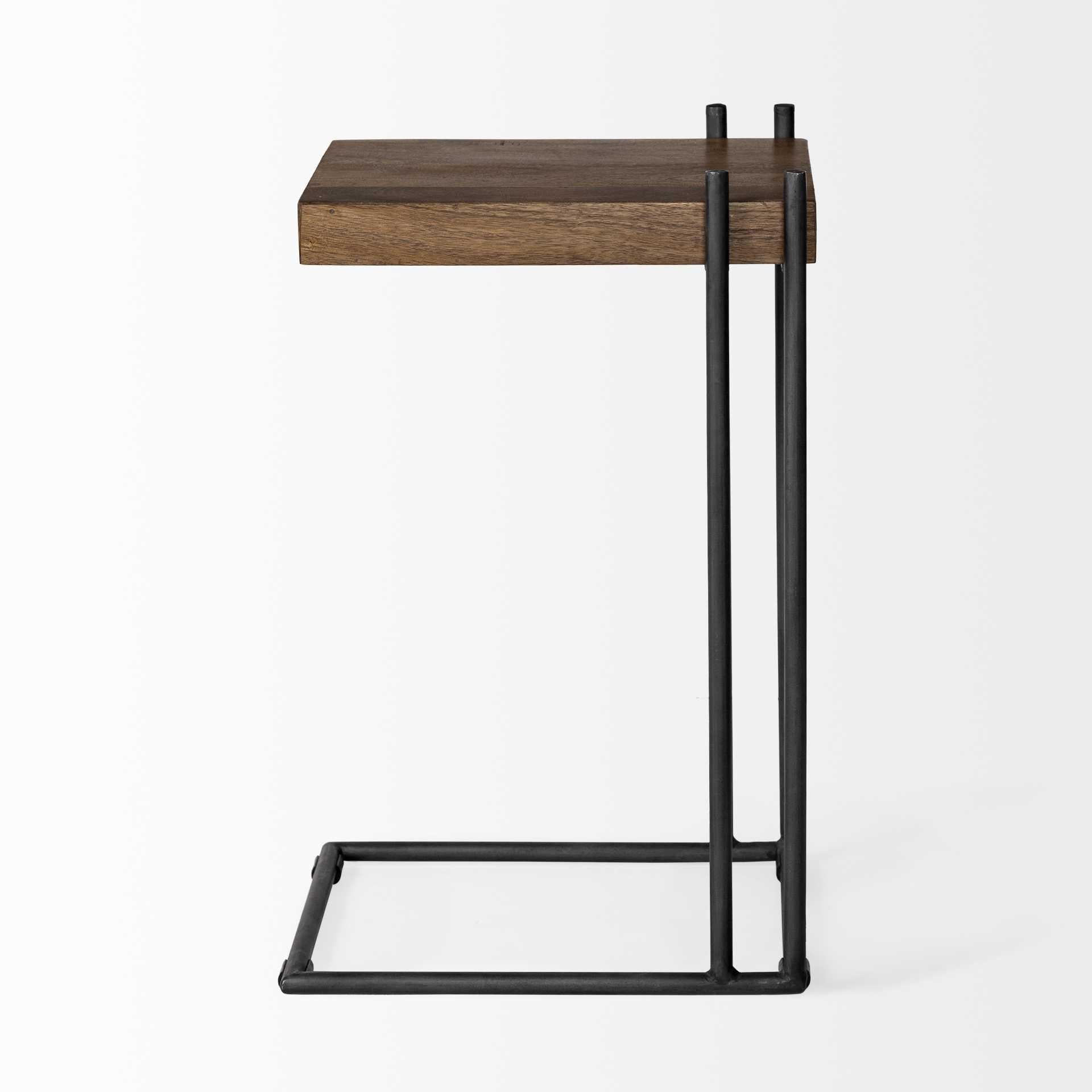 L-Shaped Medium Brown Wood Side Table with Black Metal Frame