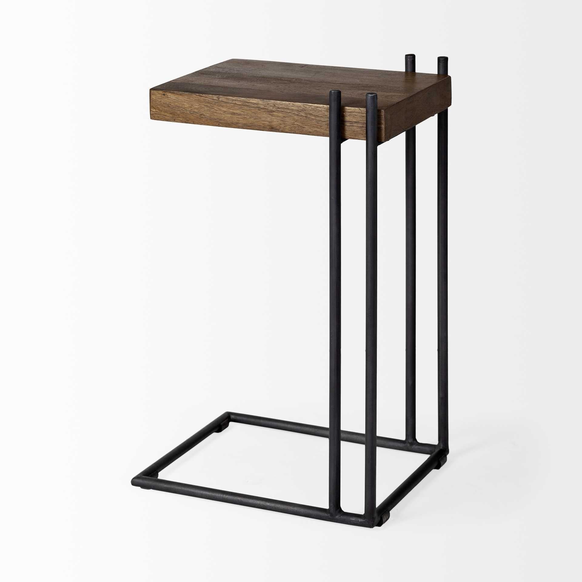 L-Shaped Medium Brown Wood Side Table with Black Metal Frame