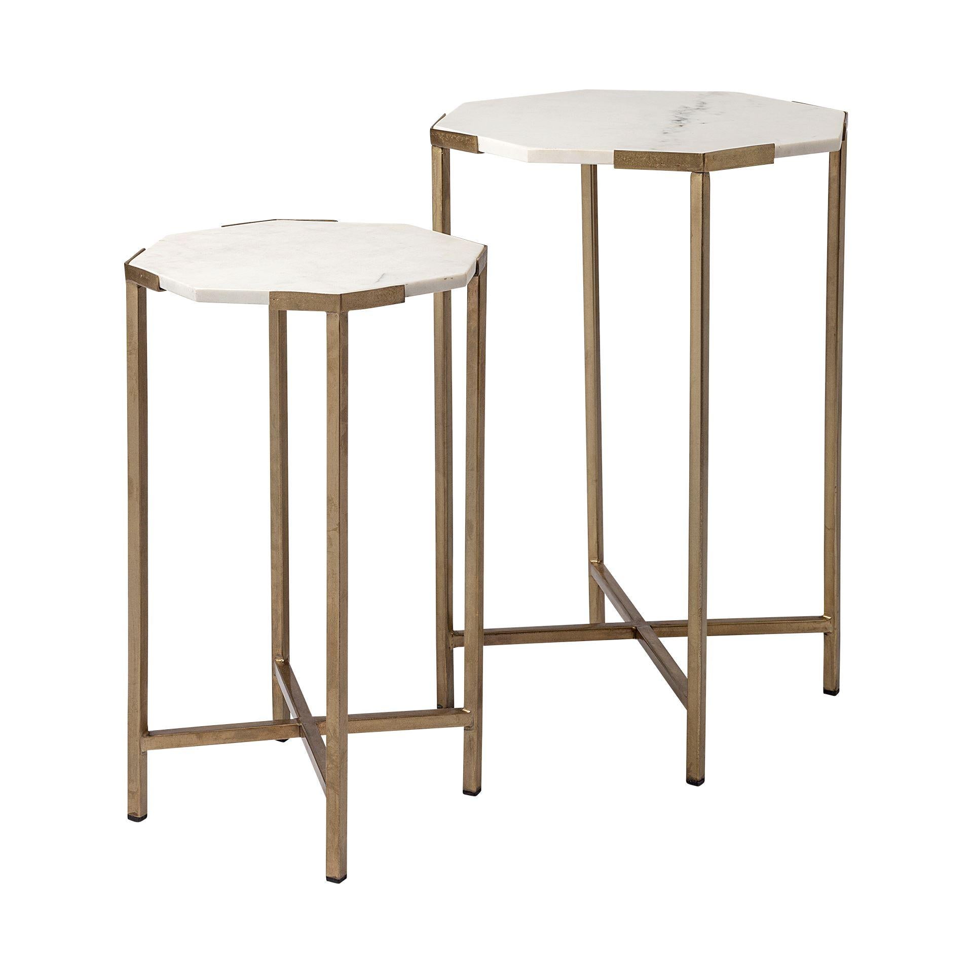 Set of 2 White Marble and Iron Hexagonal Top Side Tables