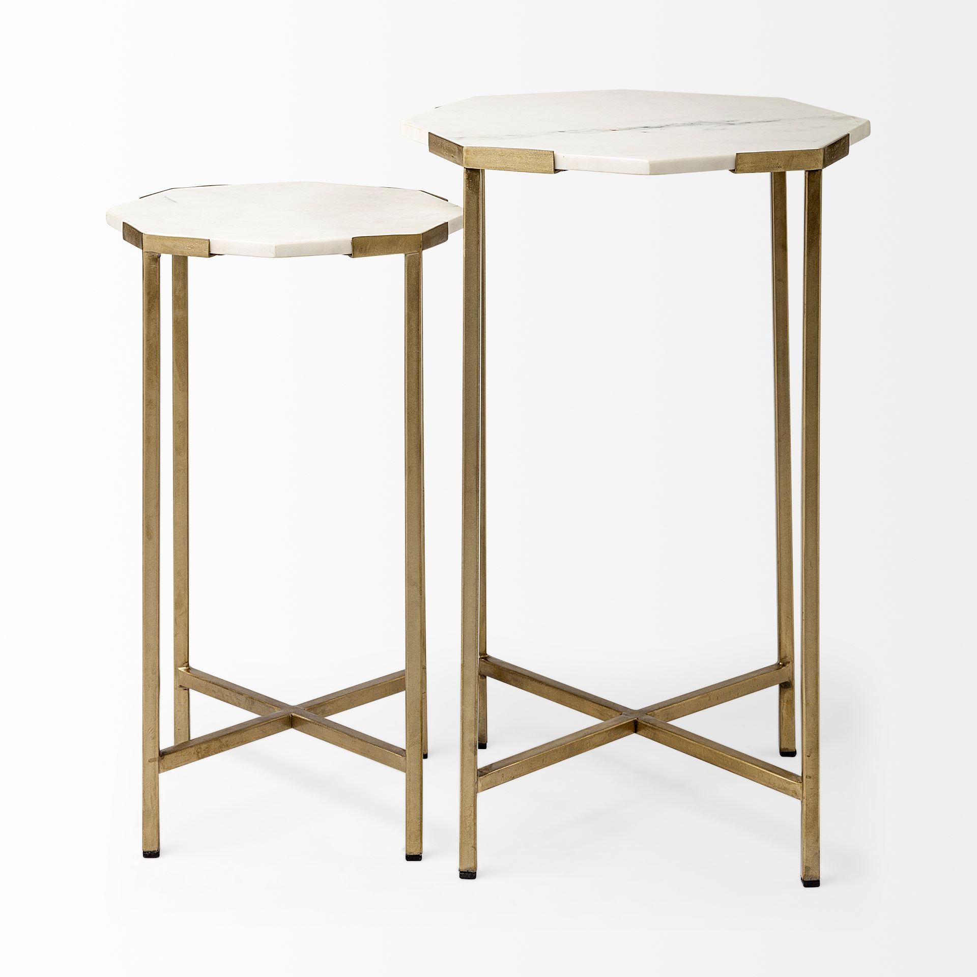 Set of 2 White Marble and Iron Hexagonal Top Side Tables