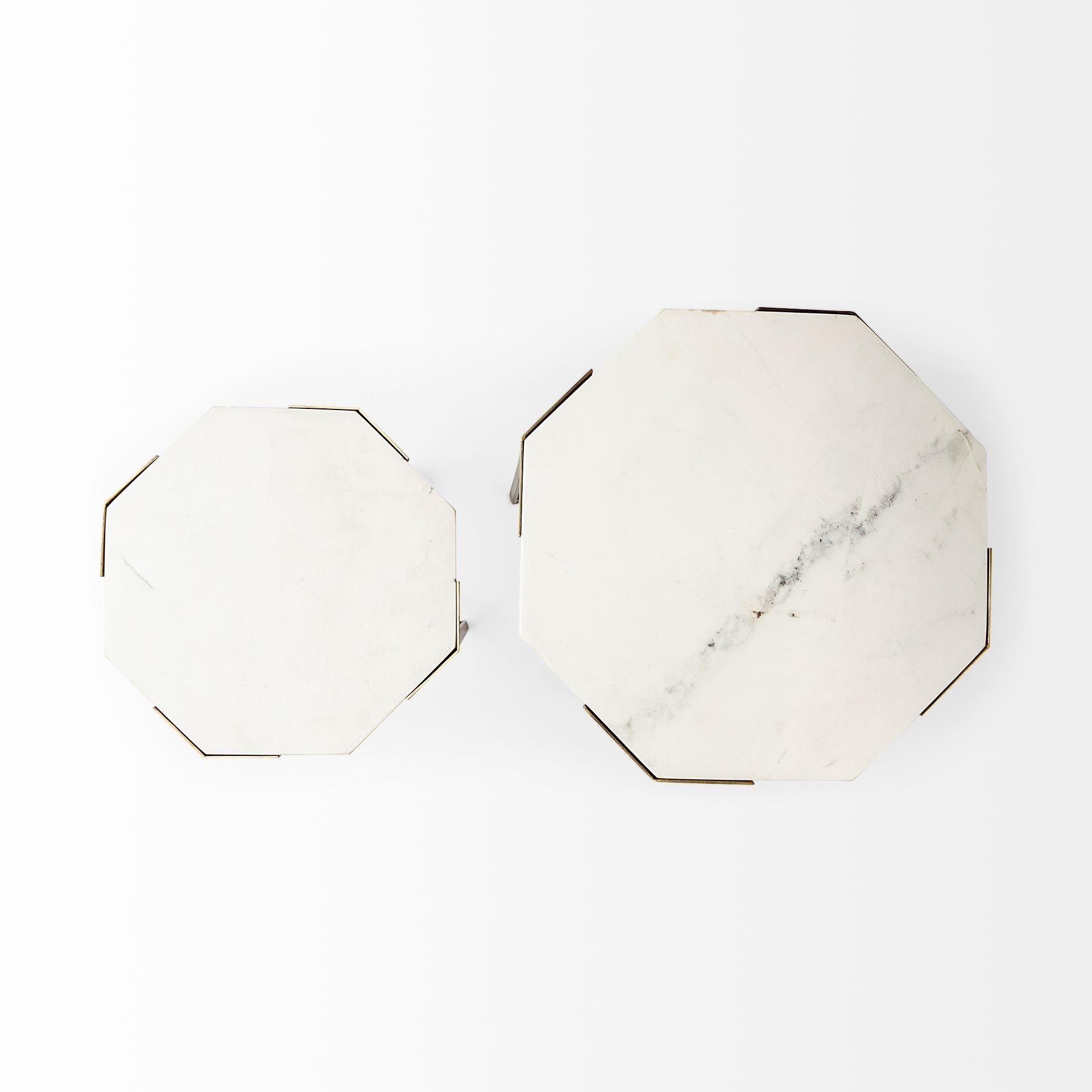 Set of 2 White Marble and Iron Hexagonal Top Side Tables