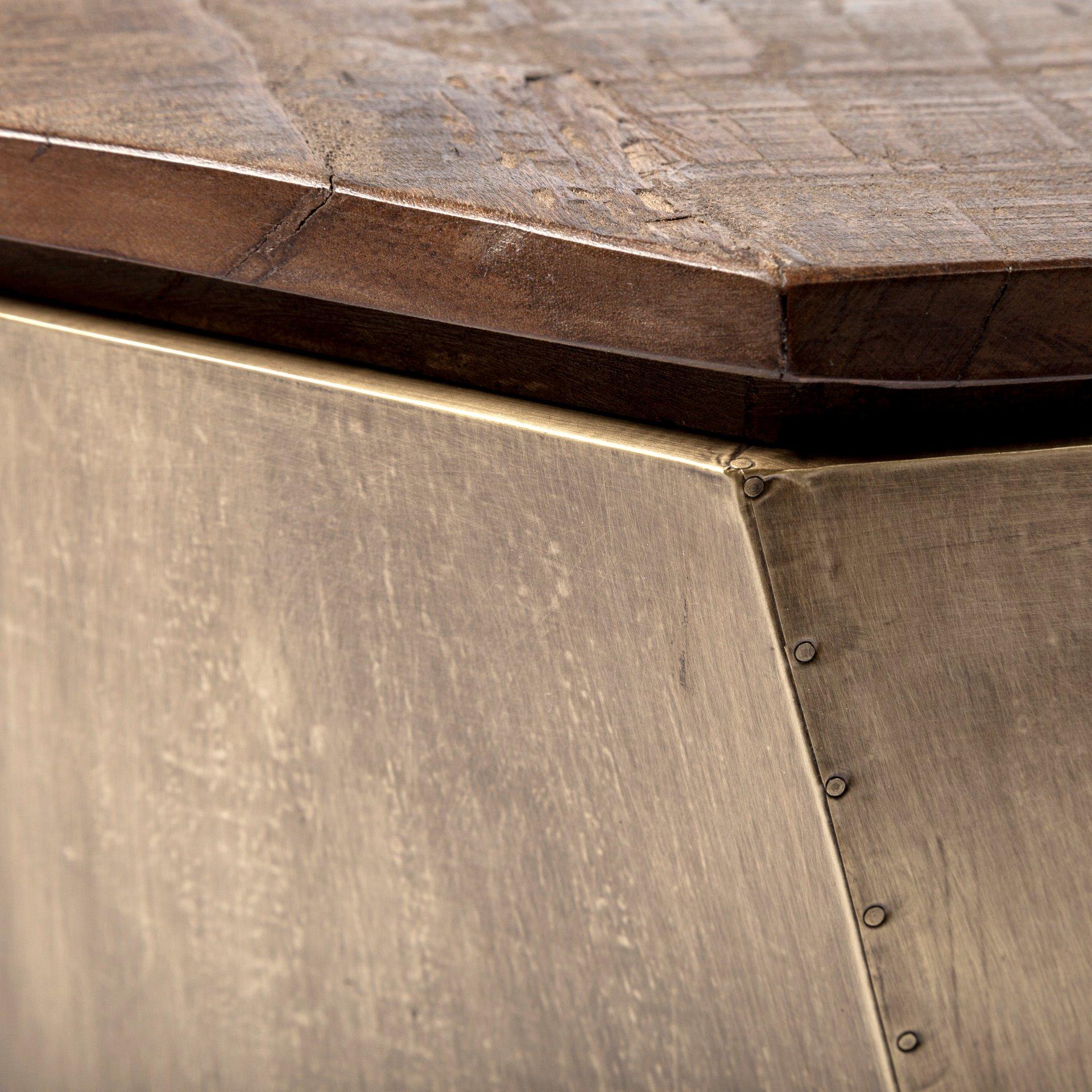 Brass and Natural Wood Side Table with Hexagonal Hinged-Top