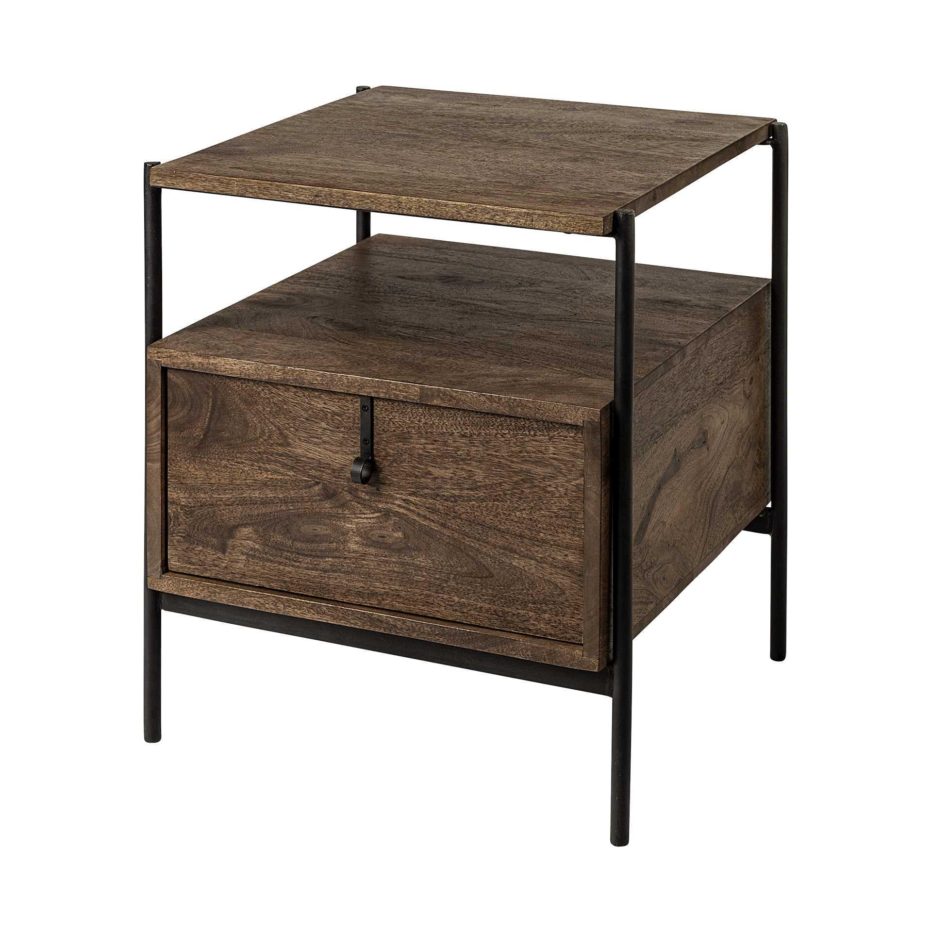 Square Top End Table with Dark Brown Wood and Iron Black Frame