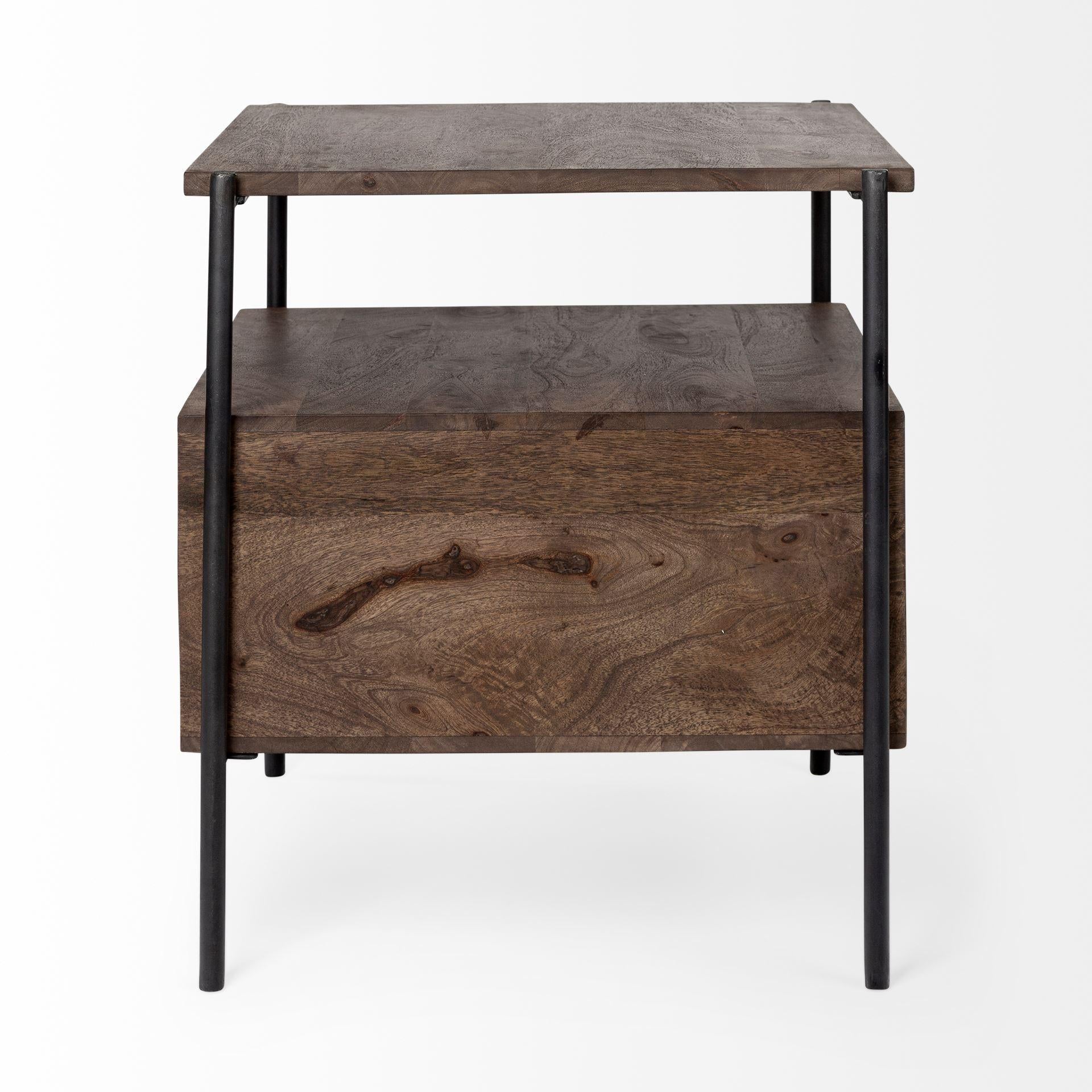 Square Top End Table with Dark Brown Wood and Iron Black Frame