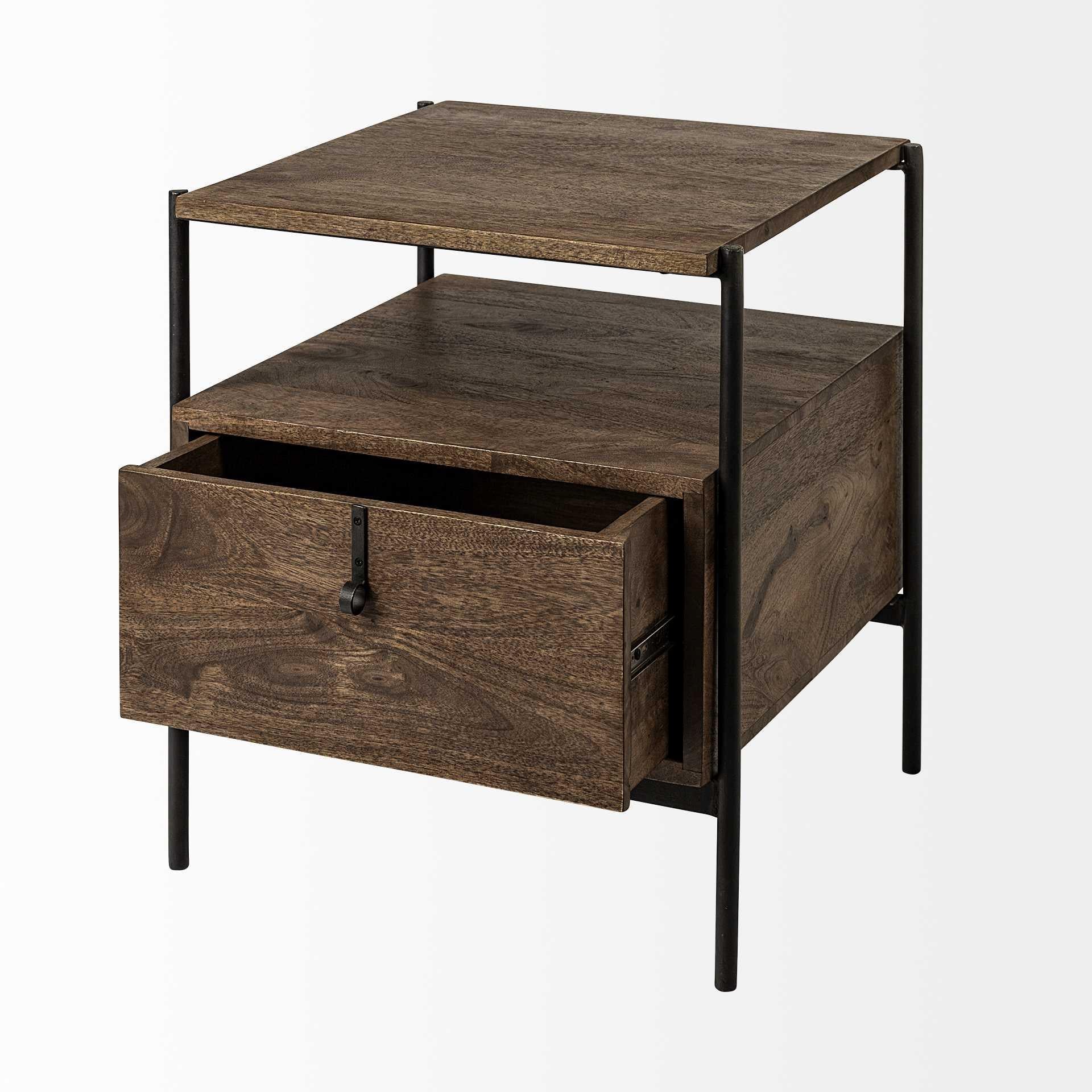 Square Top End Table with Dark Brown Wood and Iron Black Frame