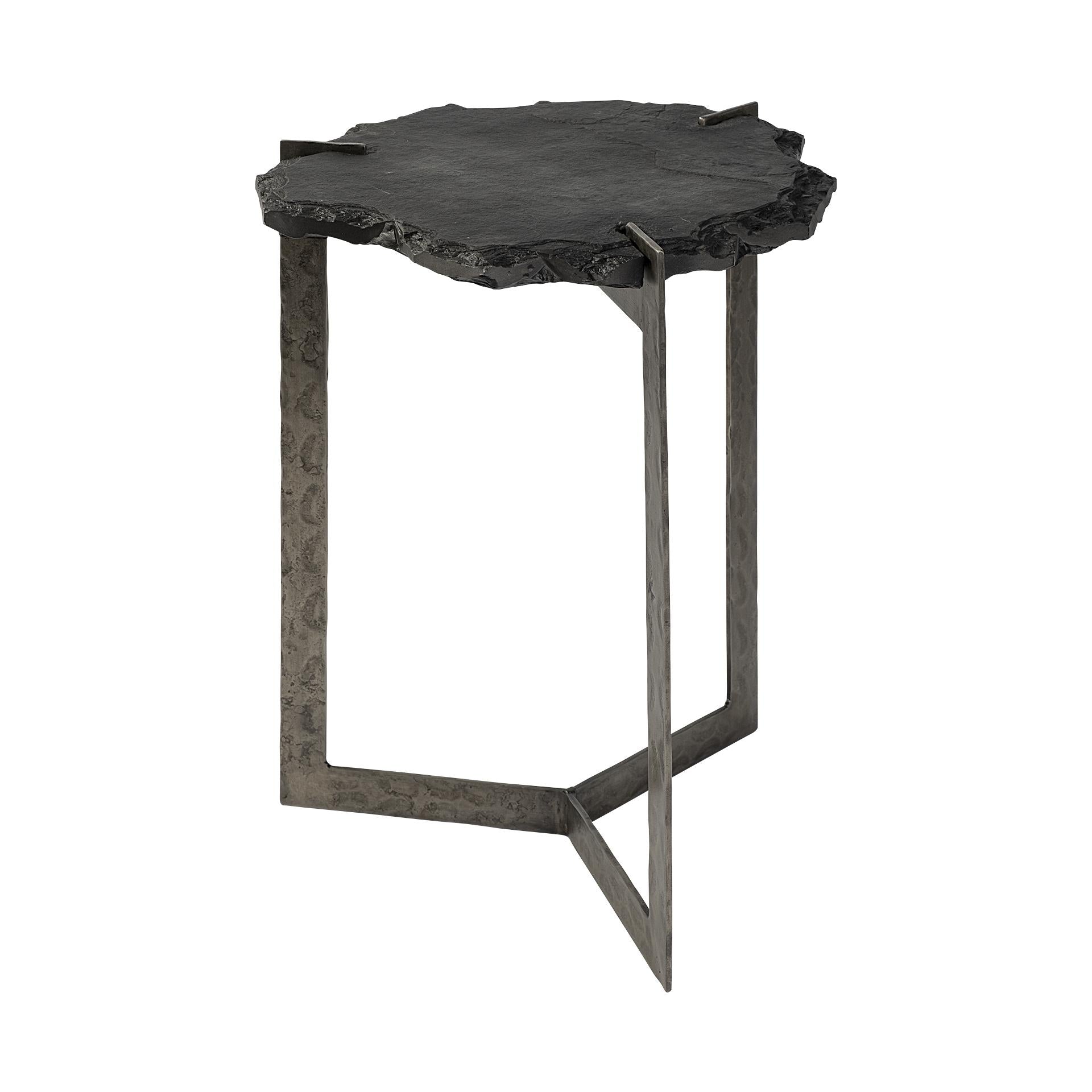 Antique Gold Iron End Table with Live-edge Round Top