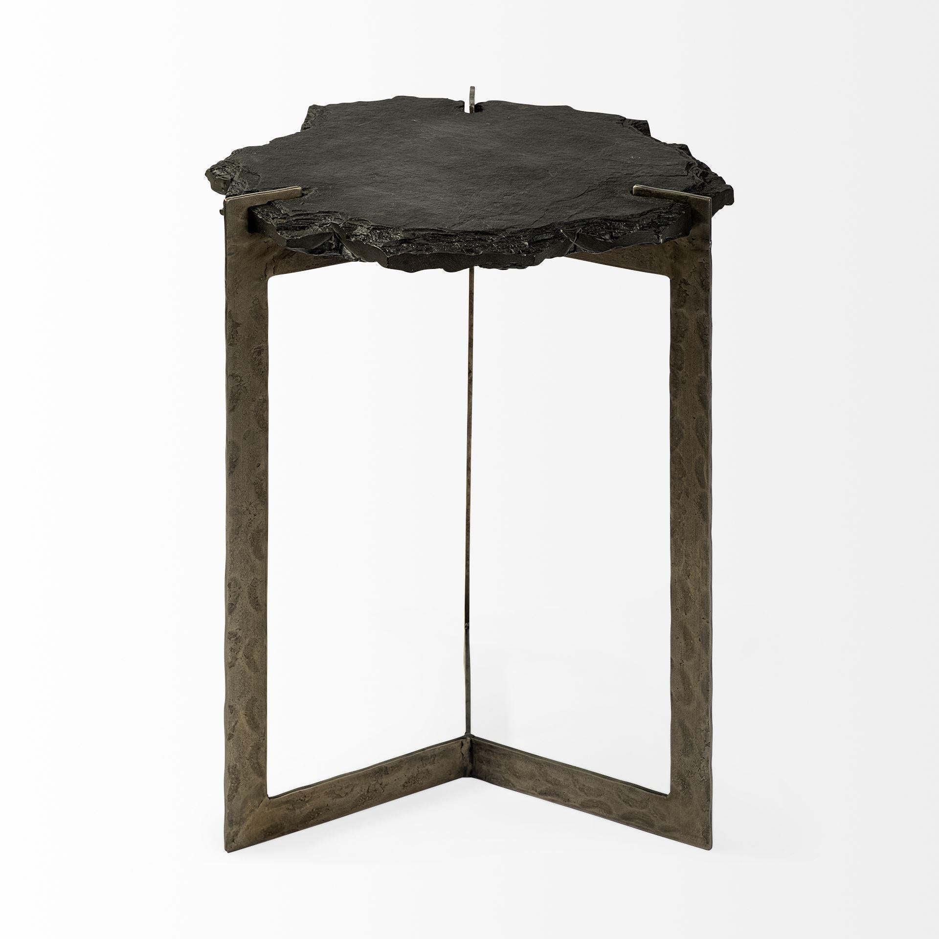 Antique Gold Iron End Table with Live-edge Round Top